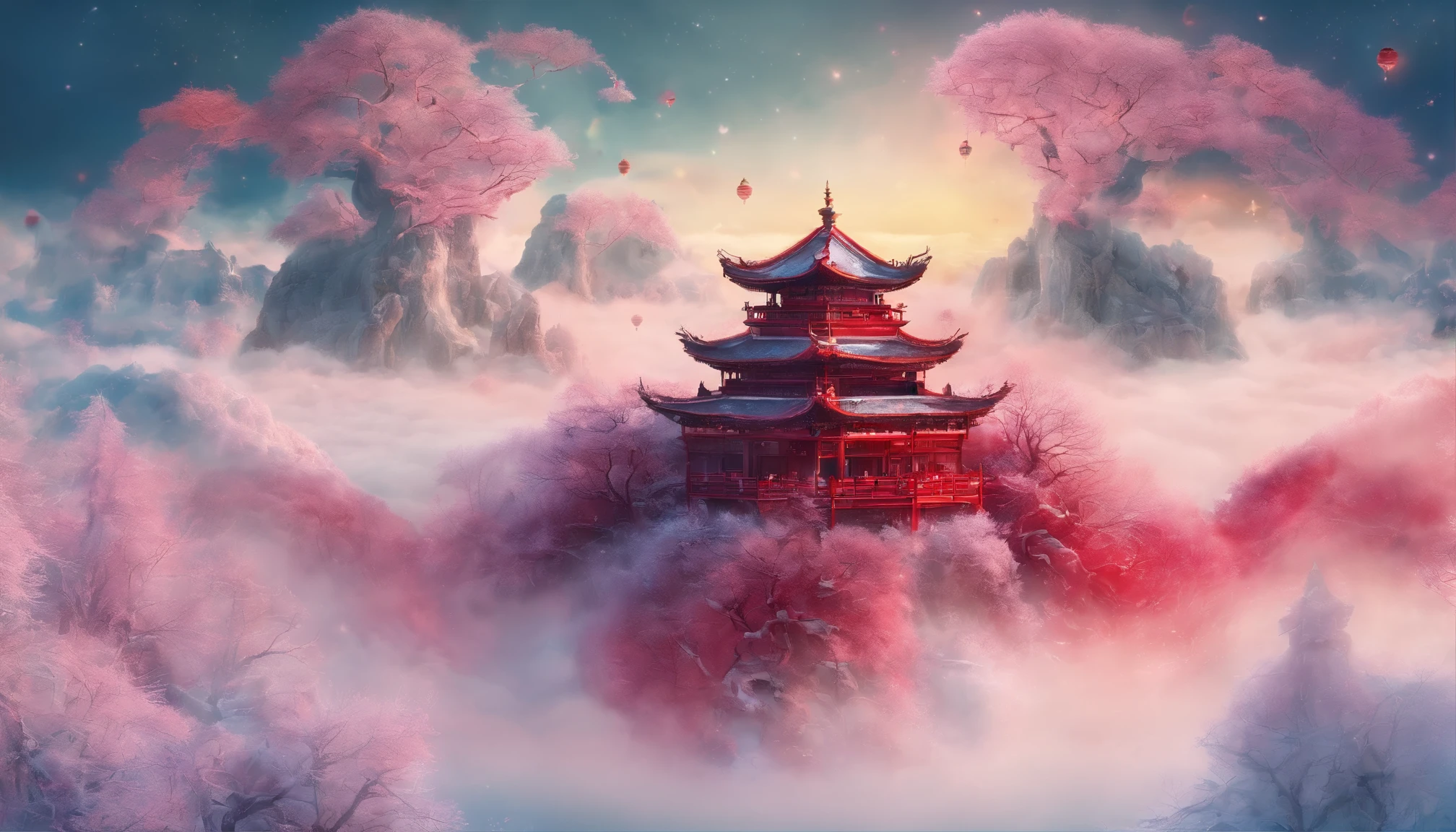 Ultra-wide angle of view,Aerial viewing angle,Chinese style,scenography,Fantasy scene of and snow world,Red Muti Wonderland,thin fog,The clouds are elegant,levitating island beast,
