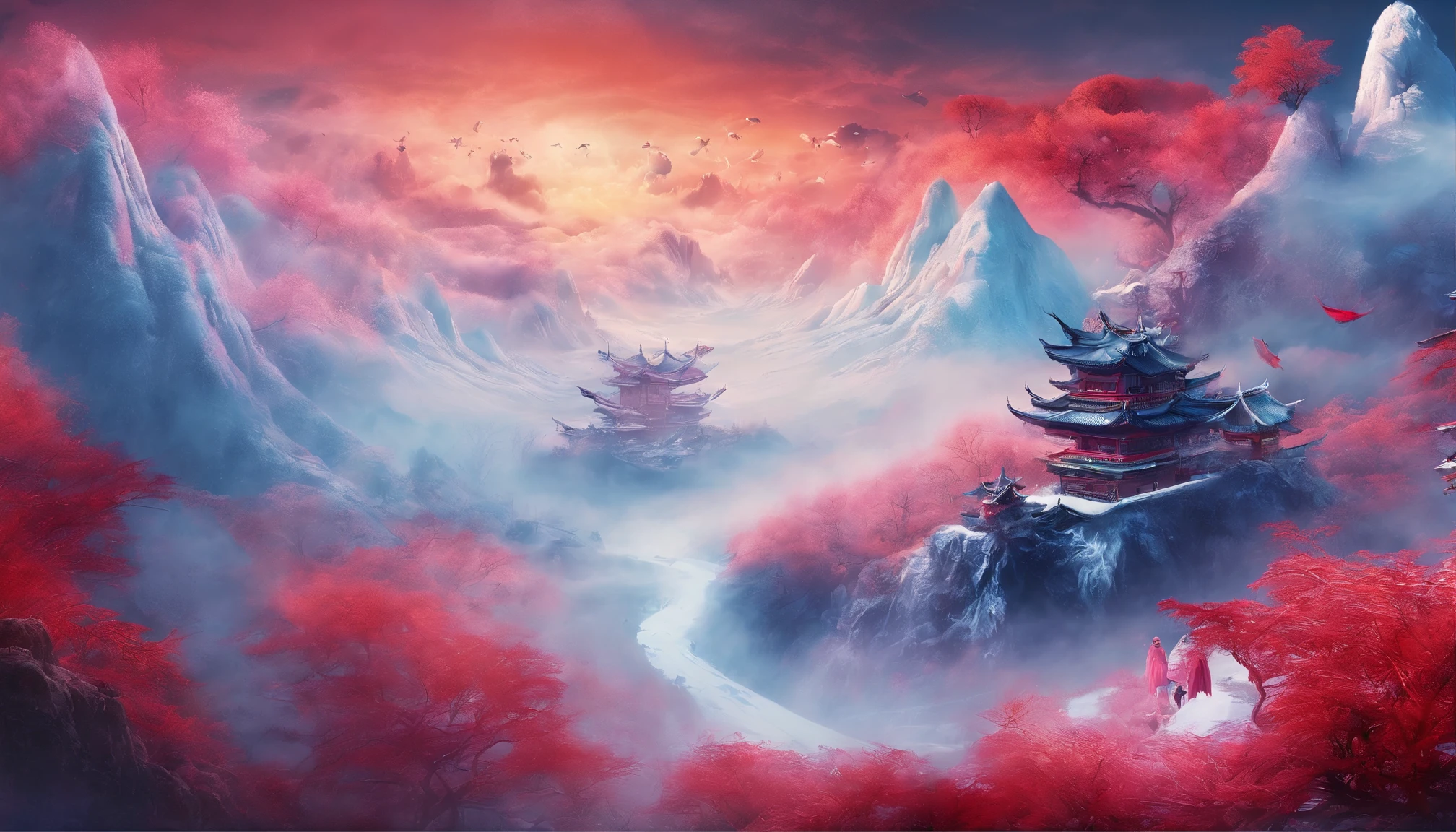 Ultra-wide angle of view，Aerial viewing angle，Chinese style，scenography，Fantasy scene of  and snow world，Red Muti Wonderland，thin fog，The clouds are elegant，levitating island beast，