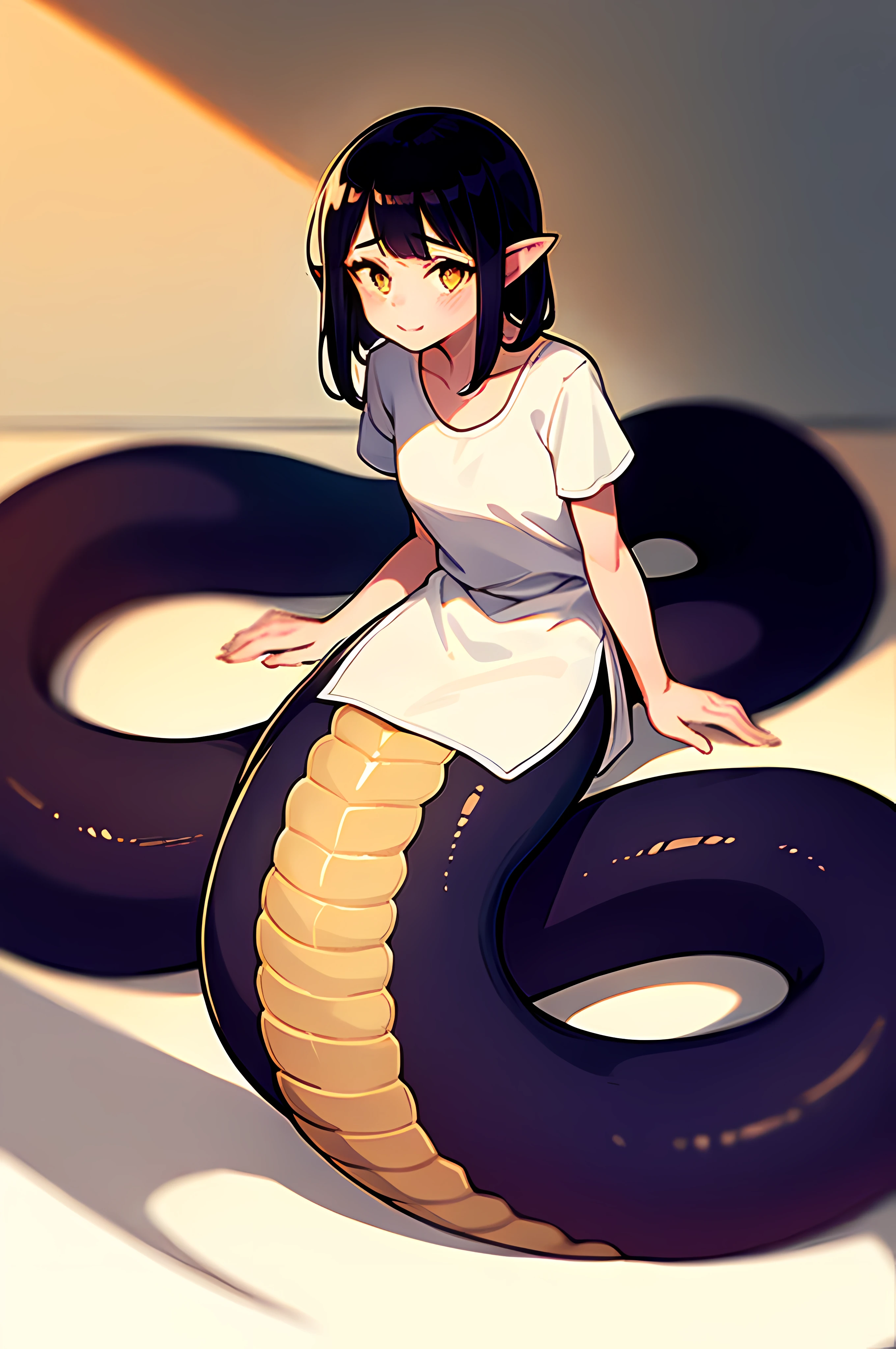 1个Giant Breast Girl, Lamia, scute, white  shirt, Full body lesbian, Original Character, volumettic light, the darkest, shallowdepthoffield, Amazingly beautiful girl, small, Exquisite, beautiful attractive face