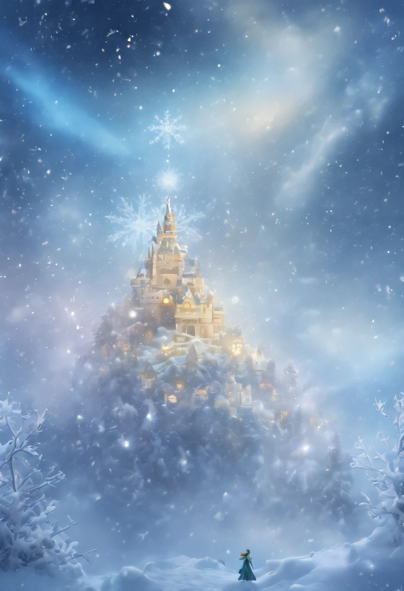 The princess&#39;s face appears in the air，(multiple exposure:1.8),winter landscape，Surreal wonderland，Dreamy cloud and fairy island，(Big snowflakes:1.3)，Colorful big snowflakes are flying，A princess&#39;The palace is covered with snow，The tree of life blooms with endless vitality，Twinkling stars in the night sky，Overlapping clouds and fog，Whimsical fantasy landscape art, Beautiful Art Ultra HD 8K, 8K highly detailed digital art, beautiful detailed fantasy, epic dreamlike fantasy landscape, Mysterious and dreamy scenery, Magic fantasy is very detailed, magical scenery, Made up of big snowflakes and dreamy floating fairy islands, detailed fantasy digital art, 8K detailed digital art