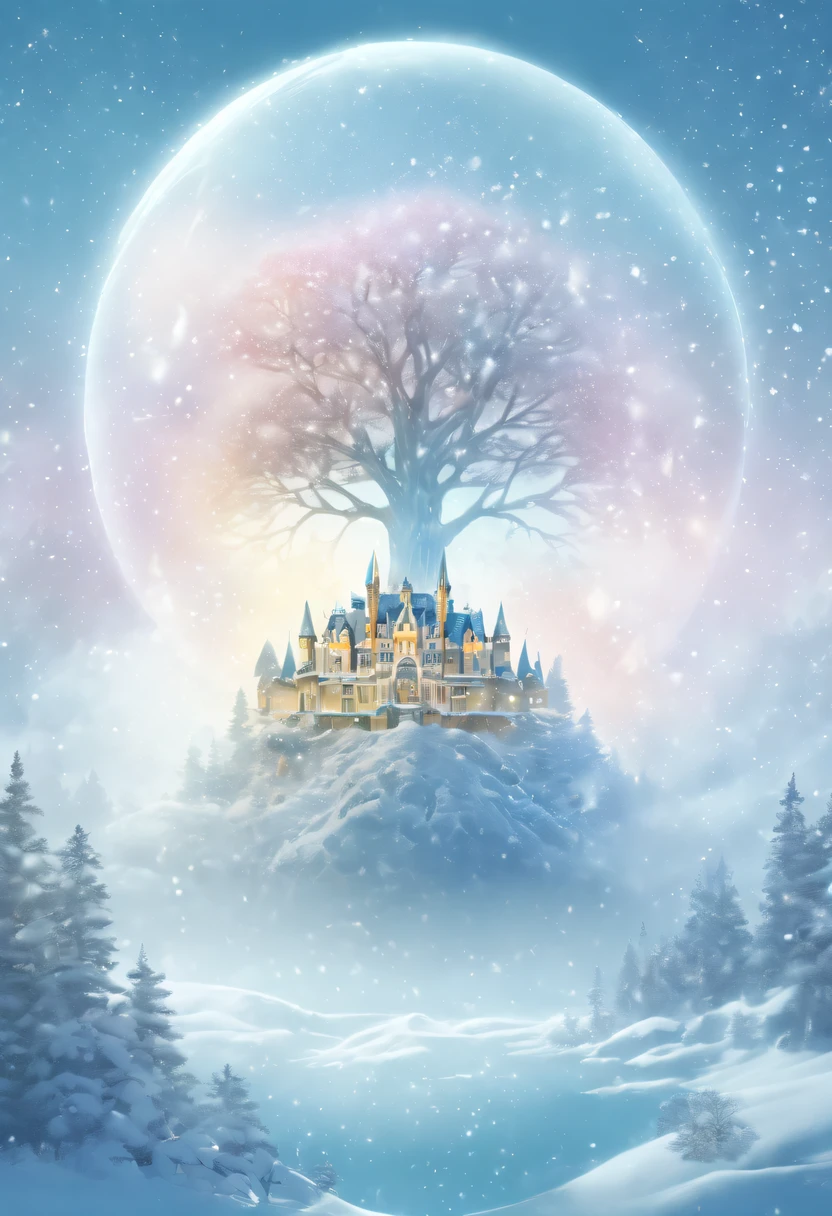The princess's face appears in the air,(multiple exposure:1.8),winter landscape,Surreal wonderland,Dreamy cloud and fairy island,(Big snowflakes:1.3),Colorful big snowflakes are flying,A princess'The palace is covered with snow,The tree of life blooms with endless vitality,Twinkling stars in the night sky,Overlapping clouds and fog,Whimsical fantasy landscape art, Beautiful Art Ultra HD 8K, 8K highly detailed digital art, beautiful detailed fantasy, epic dreamlike fantasy landscape, Mysterious and dreamy scenery, Magic fantasy is very detailed, magical scenery, Made up of big snowflakes and dreamy floating fairy islands, detailed fantasy digital art, 8K detailed digital art