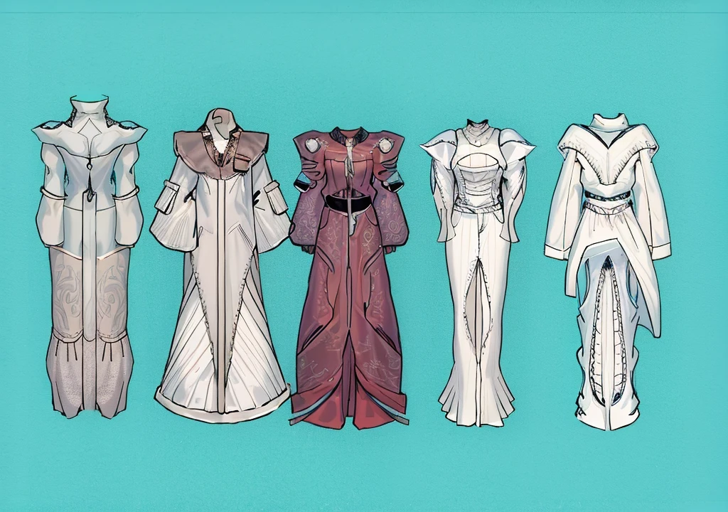 Line drawing of a series of dresses in different styles, clothing design, clothing design, clothing concept, robe! iintricate, clothing design, Intricate robes, futuristic clothes, Intricate Fantasy Robes, Diverse clothing, clothing design, clothes from the future, clear outfit design, Astral Witch Clothes, Complex clothes, Cypherpunk fashion illustration, futuristic outfit, Fantasy style clothing