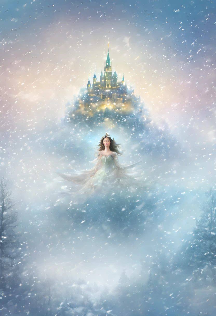The princess's face appears in the air,(multiple exposure:1.8),winter landscape,Surreal wonderland,Dreamy cloud and fairy island,(Big snowflakes:1.3),Colorful big snowflakes are flying,A princess'The palace is covered with snow,The tree of life blooms with endless vitality,Twinkling stars in the night sky,Overlapping clouds and fog,Whimsical fantasy landscape art, Beautiful Art Ultra HD 8K, 8K highly detailed digital art, beautiful detailed fantasy, epic dreamlike fantasy landscape, Mysterious and dreamy scenery, Magic fantasy is very detailed, magical scenery, Made up of big snowflakes and dreamy floating fairy islands, detailed fantasy digital art, 8K detailed digital art