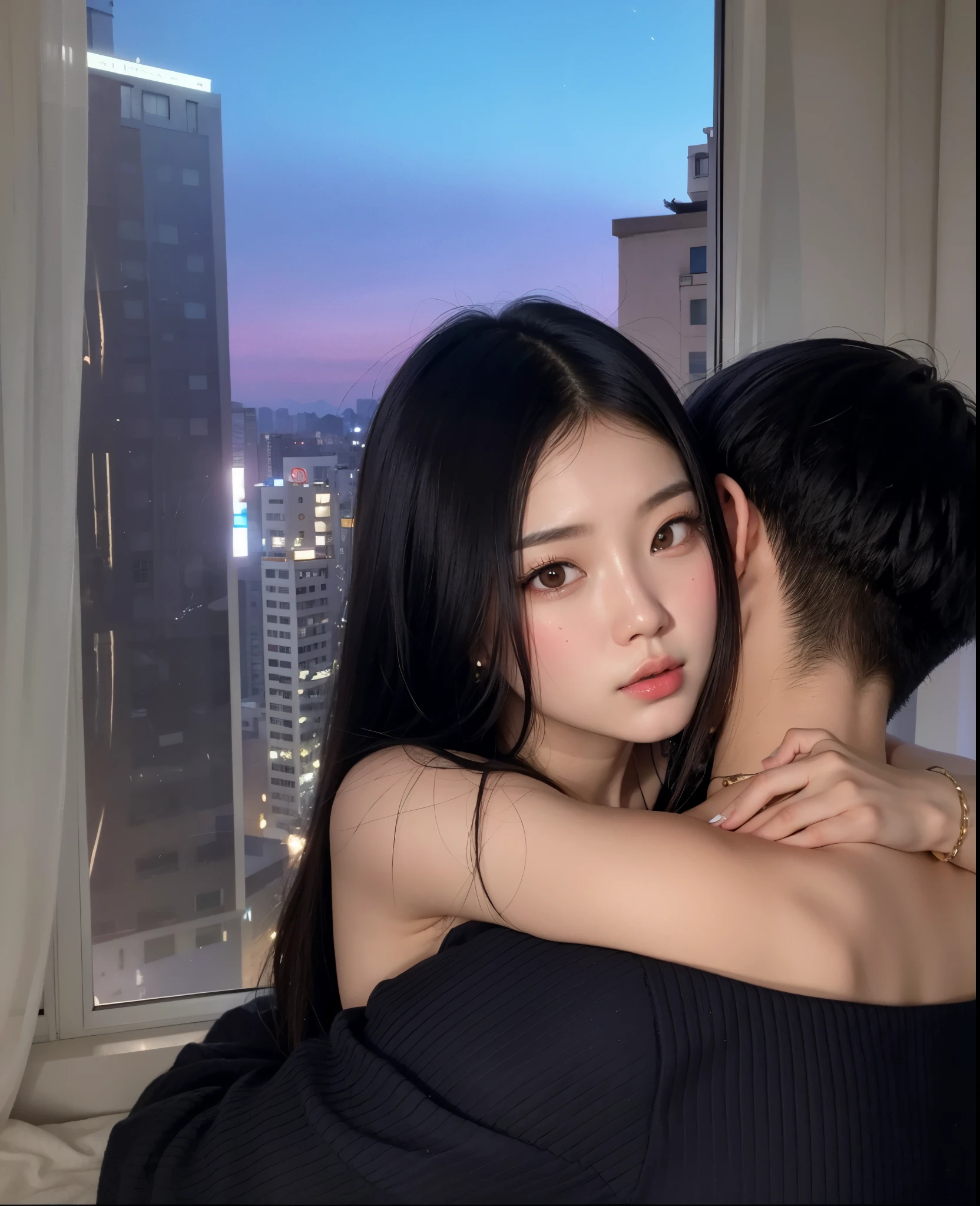 they are looking out the window at the city at night, Ulzzang, menina coreana, pose atraente, foto retrato suave 8 k, noite calma. Tiro por cima do ombro, Capturado na Canon EOS R 6, Mulher sul-coreana bonita, linda mulher coreana jovem, Fotografia selfie 8k, Jaeyeon Nam, pose de casal, Beautiful Asian girl, com olhos bonitos