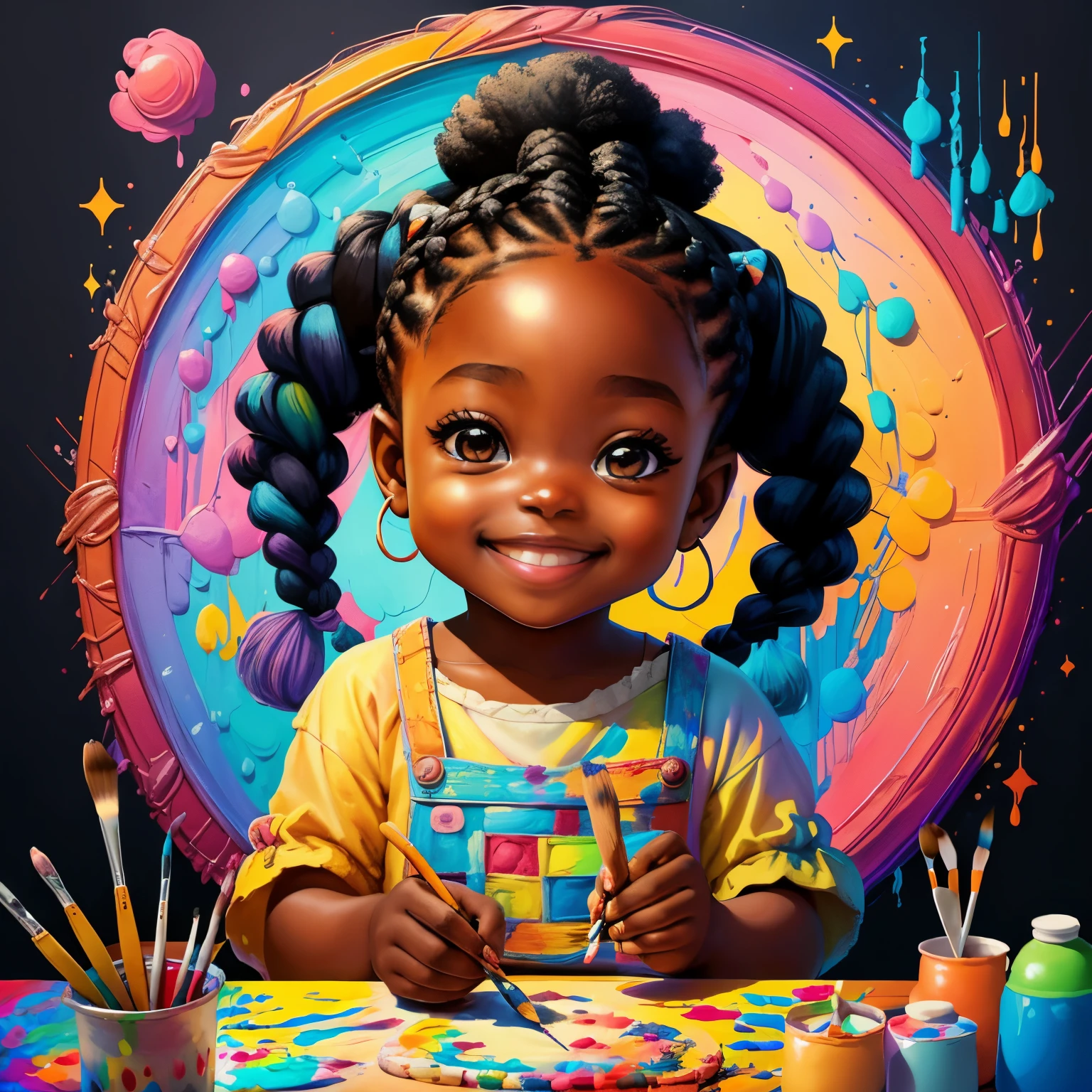 (cute black  girl with braids smiling with paintbrush painting) Munchkin,Geometric multidimensional wall portrait, livro de arte, Tchibi,
Yang08k, Beautiful, Colouring,
Obras, of the highest quality, best quality, Arte Oficial, Beautiful and Aesthetic,