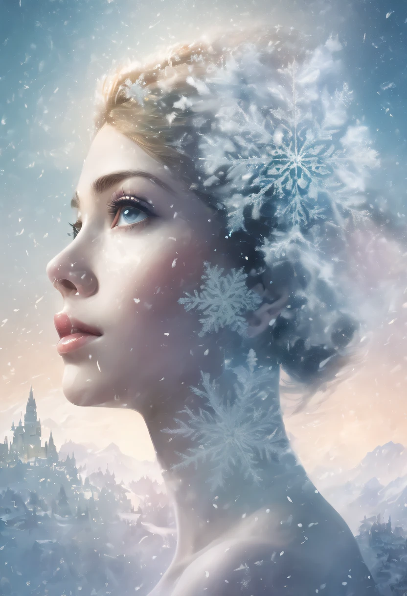 The princess's face appears in the air,(multiple exposure:1.8),winter landscape,Surreal wonderland,Dreamy cloud and fairy island,(Big snowflakes:1.3),Colorful big snowflakes are flying,A princess'The palace is covered with snow,The tree of life blooms with endless vitality,Twinkling stars in the night sky,Overlapping clouds and fog,Whimsical fantasy landscape art, Beautiful Art Ultra HD 8K, 8K highly detailed digital art, beautiful detailed fantasy, epic dreamlike fantasy landscape, Mysterious and dreamy scenery, Magic fantasy is very detailed, magical scenery, Made up of big snowflakes and dreamy floating fairy islands, detailed fantasy digital art, 8K detailed digital art