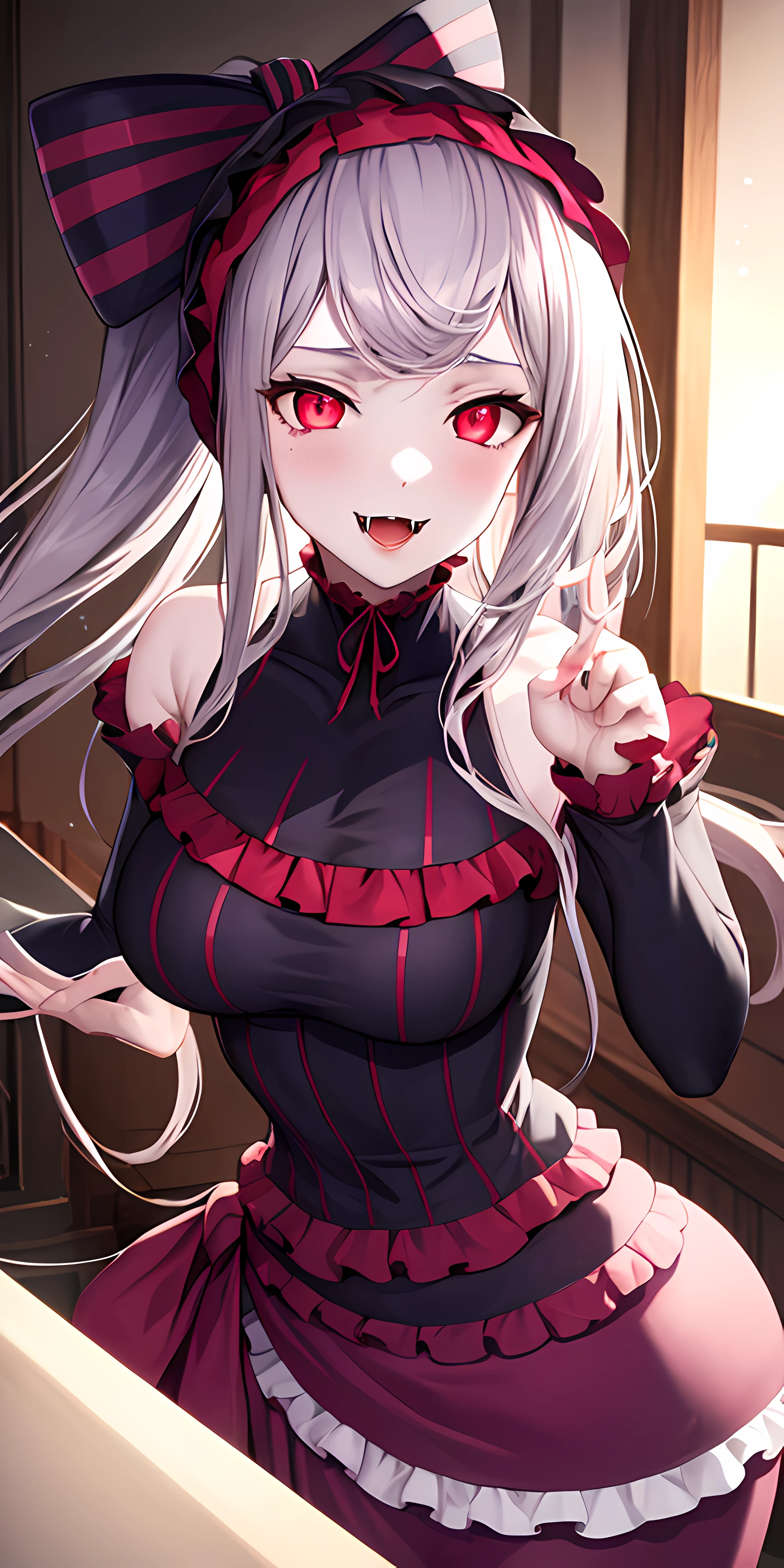 masterpiece, best quality, ShalltearV4, 1girl, solo, dress, frills, bow, hair bow, fangs, pale skin, glowing, glowing eyes, portrait, vampire