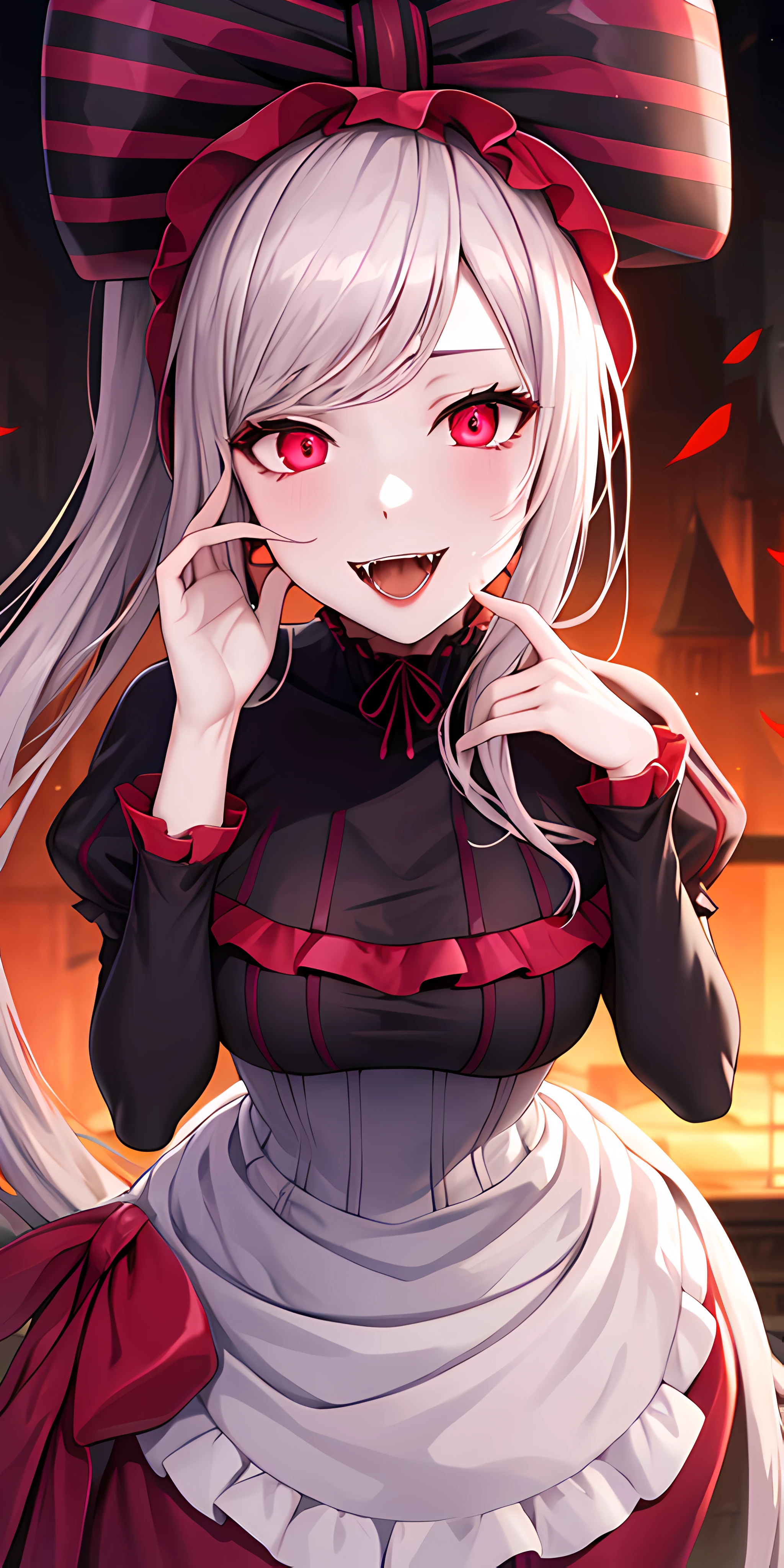 masterpiece, best quality, ShalltearV4, 1girl, solo, dress, frills, bow, hair bow, fangs, pale skin, glowing, glowing eyes, portrait, vampire
