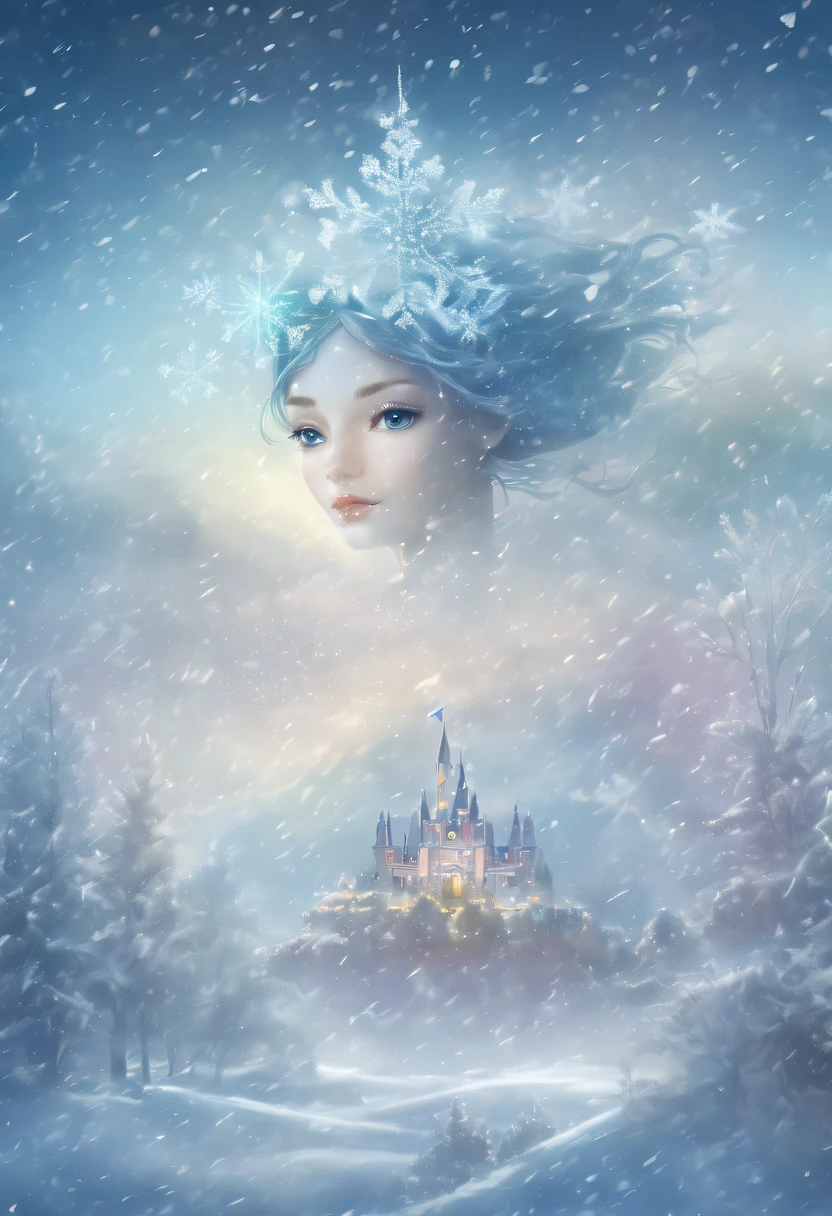 The princess's face appears in the air，(multiple exposure:1.8),winter landscape，Surreal wonderland，Dreamy cloud and fairy island，(Big snowflakes:1.3)，Colorful big snowflakes are flying，A princess'The palace is covered with snow，The tree of life blooms with endless vitality，Twinkling stars in the night sky，Overlapping clouds and fog，Whimsical fantasy landscape art, Beautiful Art Ultra HD 8K, 8K highly detailed digital art, beautiful detailed fantasy, epic dreamlike fantasy landscape, Mysterious and dreamy scenery, Magic fantasy is very detailed, magical scenery, Made up of big snowflakes and dreamy floating fairy islands, detailed fantasy digital art, 8K detailed digital art