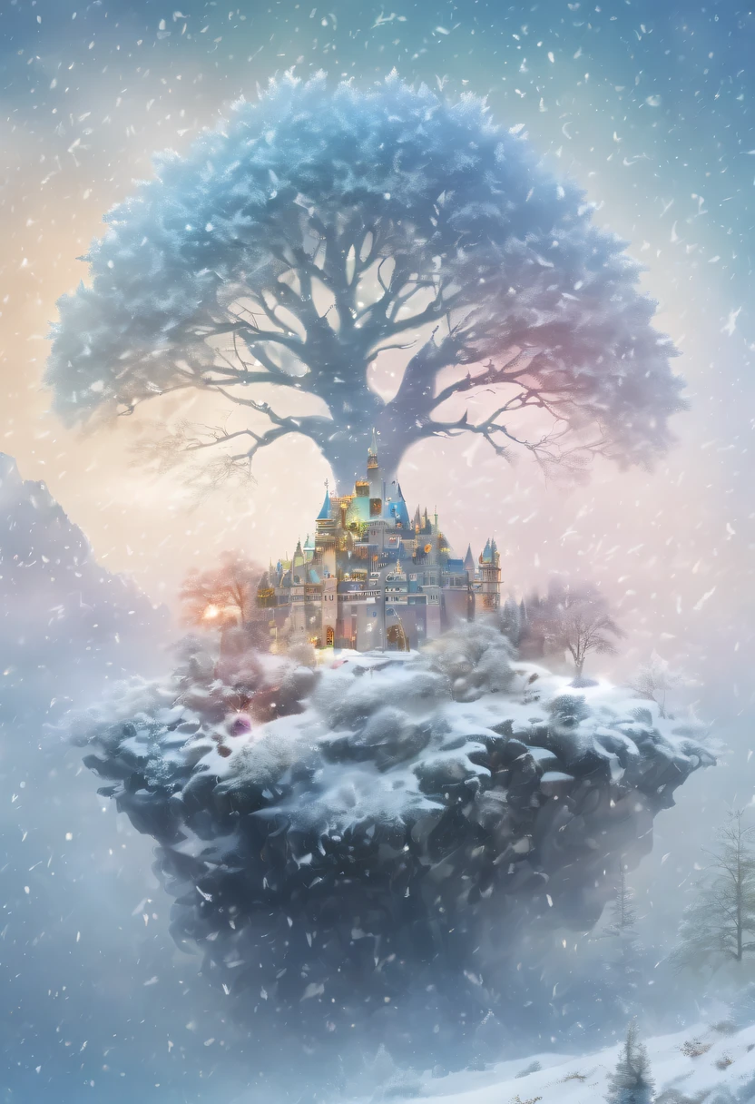 The princess's face appears in the air,(multiple exposure:1.8),winter landscape,Surreal wonderland,Dreamy cloud and fairy island,(Big snowflakes:1.3),Colorful big snowflakes are flying,A princess'The palace is covered with snow,The tree of life blooms with endless vitality,Twinkling stars in the night sky,Overlapping clouds and fog,Whimsical fantasy landscape art, Beautiful Art Ultra HD 8K, 8K highly detailed digital art, beautiful detailed fantasy, epic dreamlike fantasy landscape, Mysterious and dreamy scenery, Magic fantasy is very detailed, magical scenery, Made up of big snowflakes and dreamy floating fairy islands, detailed fantasy digital art, 8K detailed digital art