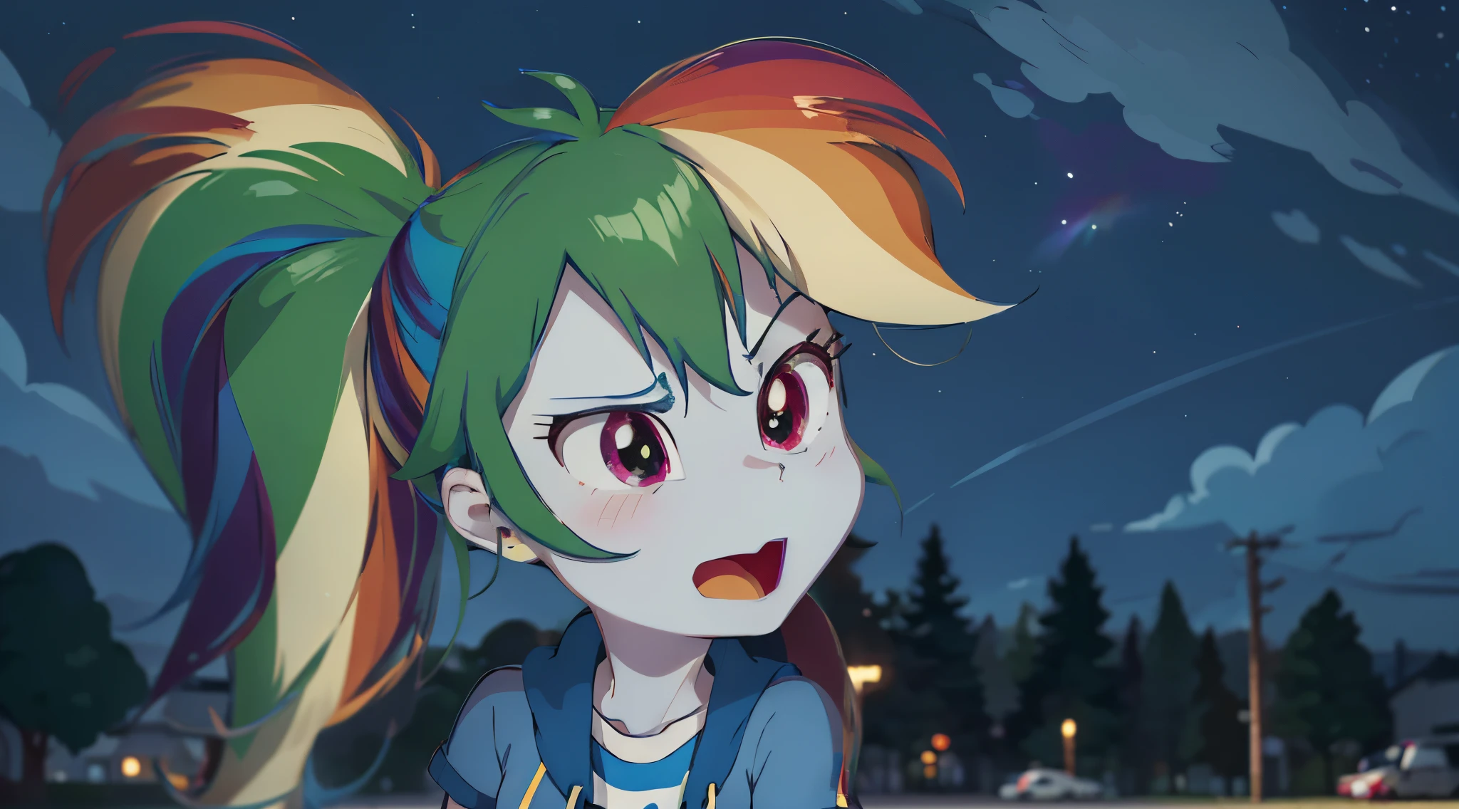 there  a cartoon of a girl with a rainbow dash hair, rainbow dash, fim still, she has a cute expressive face, windy mane, but a stern look about her, with sprouting rainbow hair, dark rainbow nimbus, rainbowcore, the godess hera looking angry, equestria, loish van baarle, bright rainbow nimbus