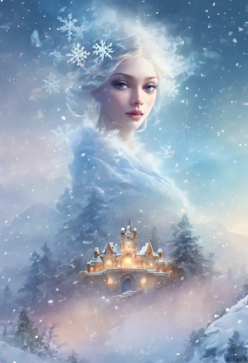 The princess's face appears in the air,(multiple exposure:1.8),winter landscape,Surreal wonderland,Dreamy cloud and fairy island,(Big snowflakes:1.3),Colorful big snowflakes are flying,A princess'The palace is covered with snow,The tree of life blooms with endless vitality,Twinkling stars in the night sky,Overlapping clouds and fog,Whimsical fantasy landscape art, Beautiful Art Ultra HD 8K, 8K highly detailed digital art, beautiful detailed fantasy, epic dreamlike fantasy landscape, Mysterious and dreamy scenery, Magic fantasy is very detailed, magical scenery, Made up of big snowflakes and dreamy floating fairy islands, detailed fantasy digital art, 8K detailed digital art