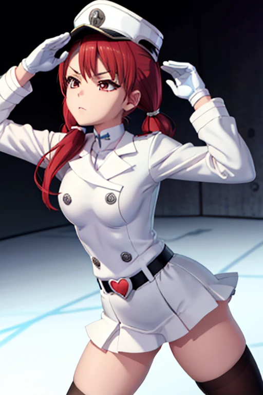 military form, White gloves, white jacket, white skirt, best quality, masterpiece, Highly detailed, illustration, absurdres, white military uniform, white uniform, white hat, standing, girls, standing at attention, multiple girls, Team Squad, expressionless, blank eyes, l, emotionless, corrution, mind control, female combatant, full body, hypnotized, unhappy trance, perfect female body, extremely glossy latex, belt, hypnosis, hypnoLora, empty eyes, Mind control device, thigh high, poses, submissive_pose, rubber bodysuit, nazi saluting, military, military saluting, salute, Bleach, Quincy, thighhighs, tight miniskirt, tie, from behind, Sarina Shizukume, Mahou Shoujo Site, red_hair, twintails, red_eyes, long_hair, brown_eyes