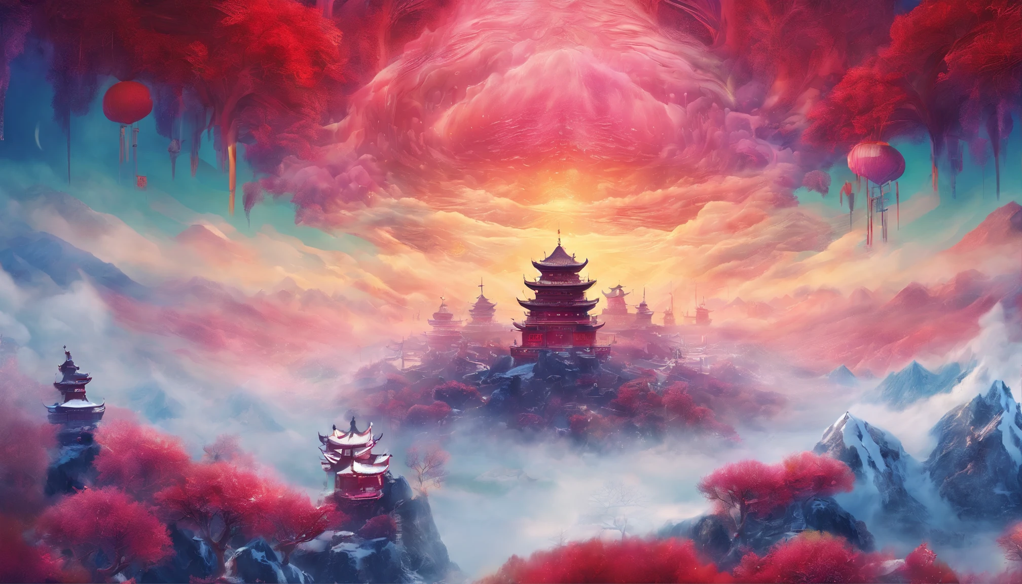 Ultra-wide angle of view,Aerial perspective,Chinese,scenography,Snow world fantasy scene,Colorful,Red Muti Wonderland,thin fog,The clouds are very elegant,floating island beast,