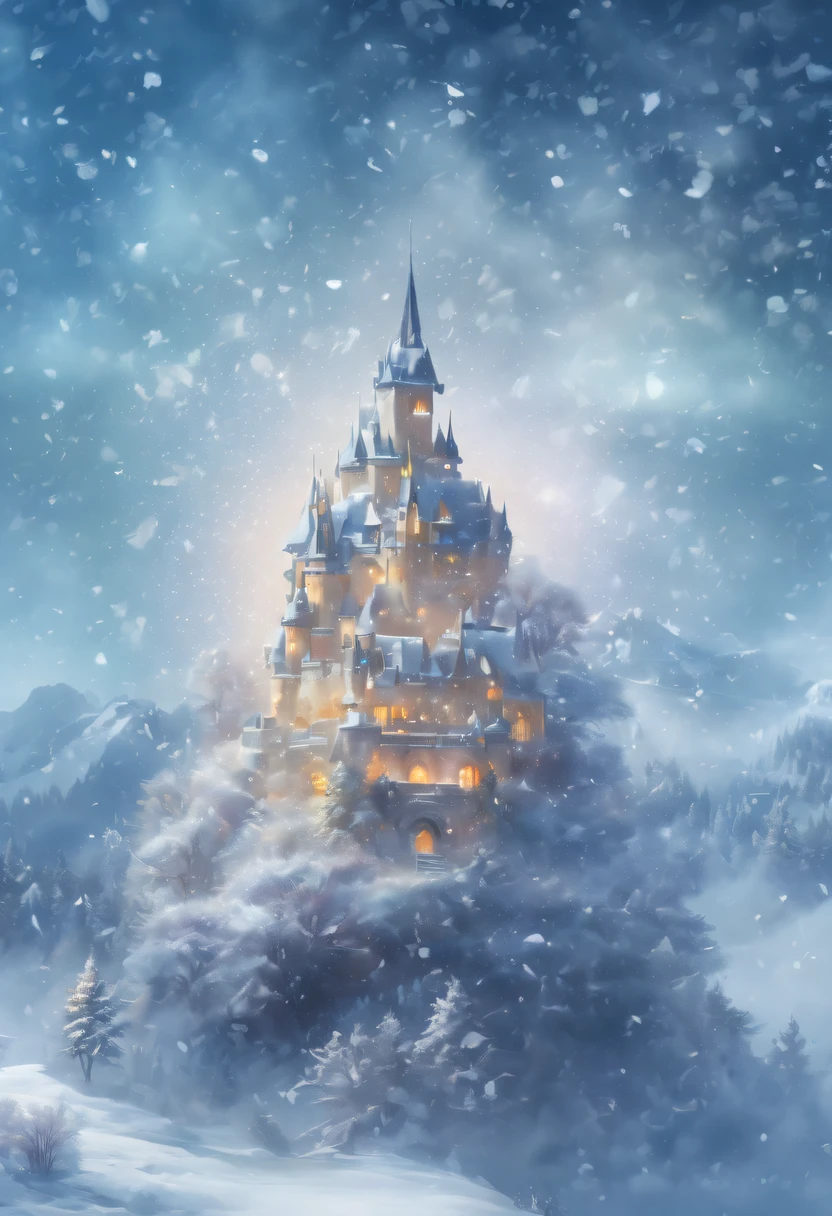 The princess's face appears in the air,(multiple exposure:1.8),winter landscape,Surreal wonderland,Dreamy cloud and fairy island,(Big snowflakes:1.3),Colorful big snowflakes are flying,A princess'The palace is covered with snow,The tree of life blooms with endless vitality,Twinkling stars in the night sky,Overlapping clouds and fog,Whimsical fantasy landscape art, Beautiful Art Ultra HD 8K, 8K highly detailed digital art, beautiful detailed fantasy, epic dreamlike fantasy landscape, Mysterious and dreamy scenery, Magic fantasy is very detailed, magical scenery, Made up of big snowflakes and dreamy floating fairy islands, detailed fantasy digital art, 8K detailed digital art