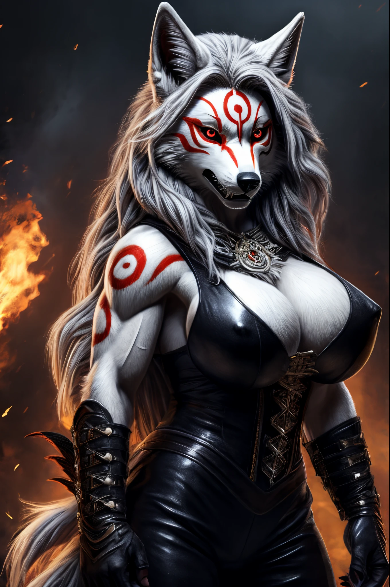 amaterasu (okami), wolf face, red eyes, anthro, anthrofied, leather clothing, black nose, clothed, clothing, female, fully clothed, fur, hair, inner ear fluff, long hair, dry muscular thighs, solo, tuft, dark-grey body, dark-grey fur, grey hair, profil , big breast, best quality, masterpiece, perfect face, expressive eyes, perfect face, feminine, standing, detailed realistic painting, extreme detail, angry face
