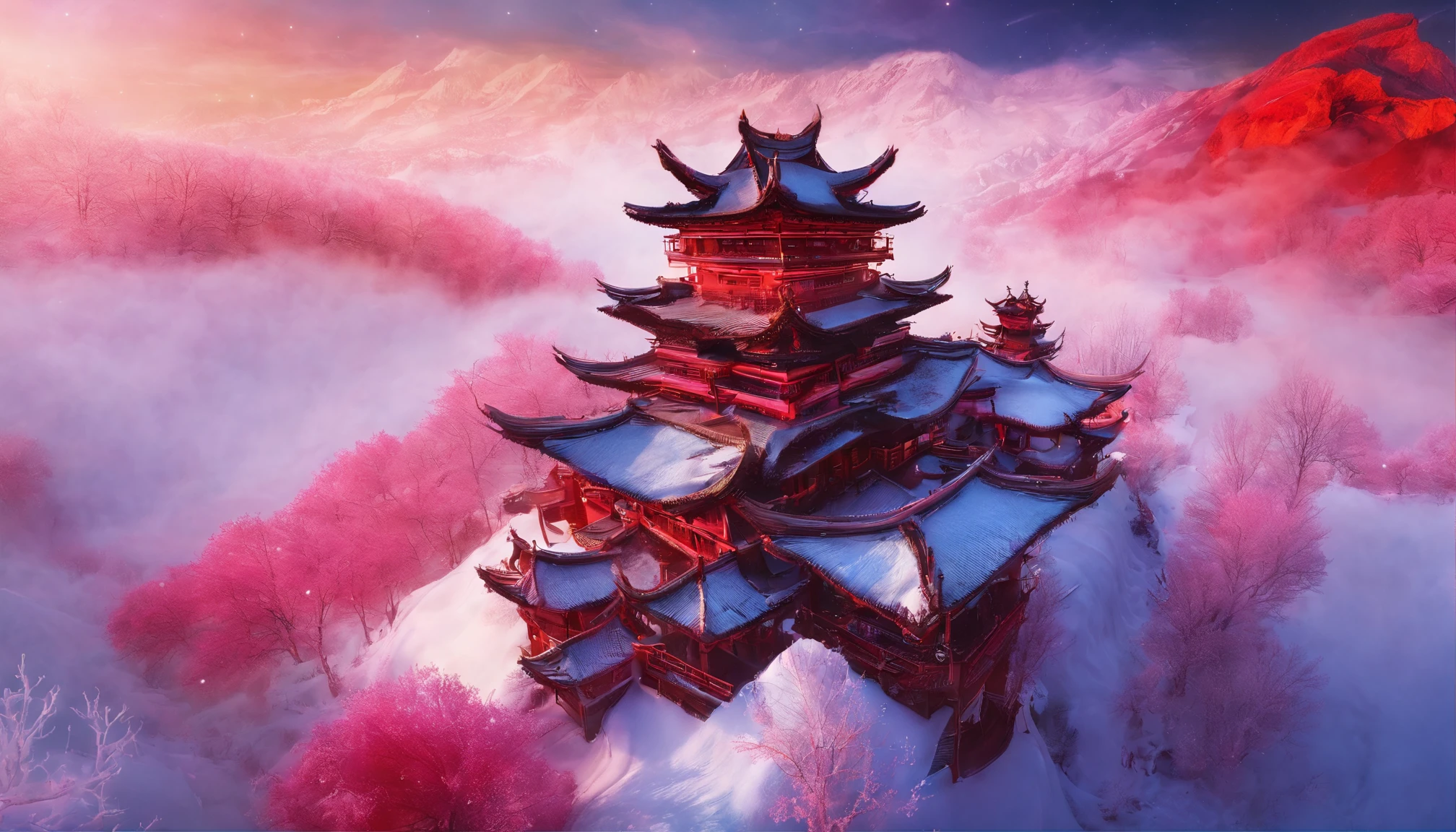 Ultra-wide angle of view，mid-air，china idol，scenography， Fantasy scene of snow world，Yuki，（（Oyuki）），（（（Blizzarding））），（（snow cover）），Colorful，Red Muti Wonderland，thin fog，The clouds are very elegant，floating islands，super-fine，tmasterpiece，8k，ultra-clear，Perfect image quality，high qulity