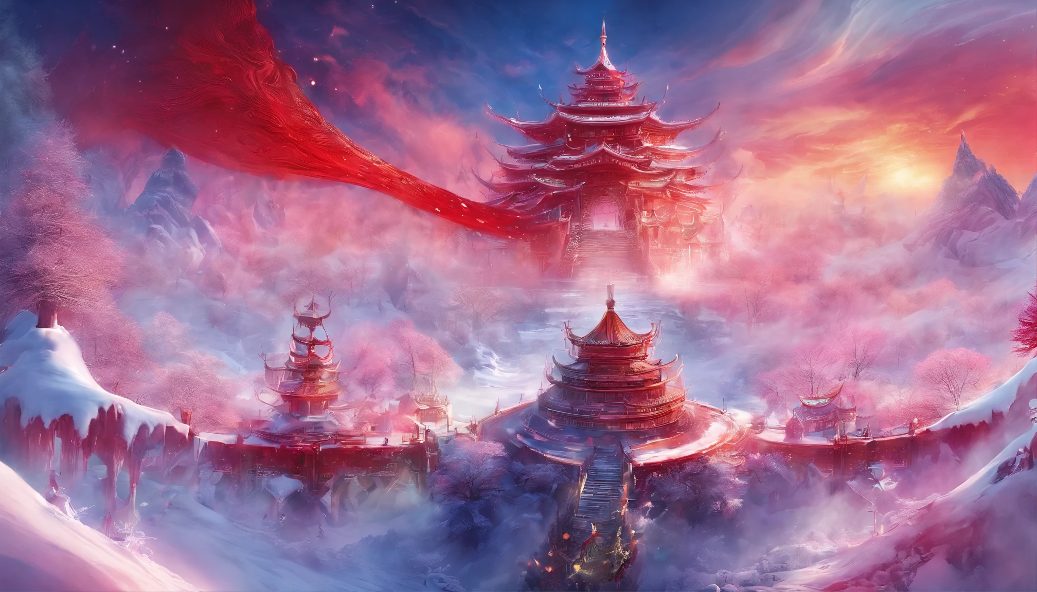 Ultra-wide angle of view，Aerial perspective，Chinese，scenography，Snow world fantasy scene，Colorful，Red Muti Wonderland，thin fog，The clouds are very elegant，floating island beast，