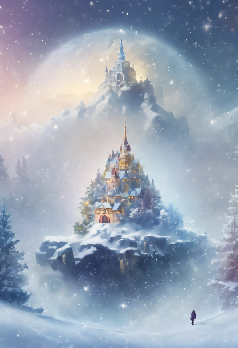 The princess's face appears in the air,(multiple exposure:1.8),winter landscape,Surreal wonderland,Dreamy cloud and fairy island,(Big snowflakes:1.3),Colorful big snowflakes are flying,A princess'The palace is covered with snow,The tree of life blooms with endless vitality,Twinkling stars in the night sky,Overlapping clouds and fog,Whimsical fantasy landscape art, Beautiful Art Ultra HD 8K, 8K highly detailed digital art, beautiful detailed fantasy, epic dreamlike fantasy landscape, Mysterious and dreamy scenery, Magic fantasy is very detailed, magical scenery, Made up of big snowflakes and dreamy floating fairy islands, detailed fantasy digital art, 8K detailed digital art