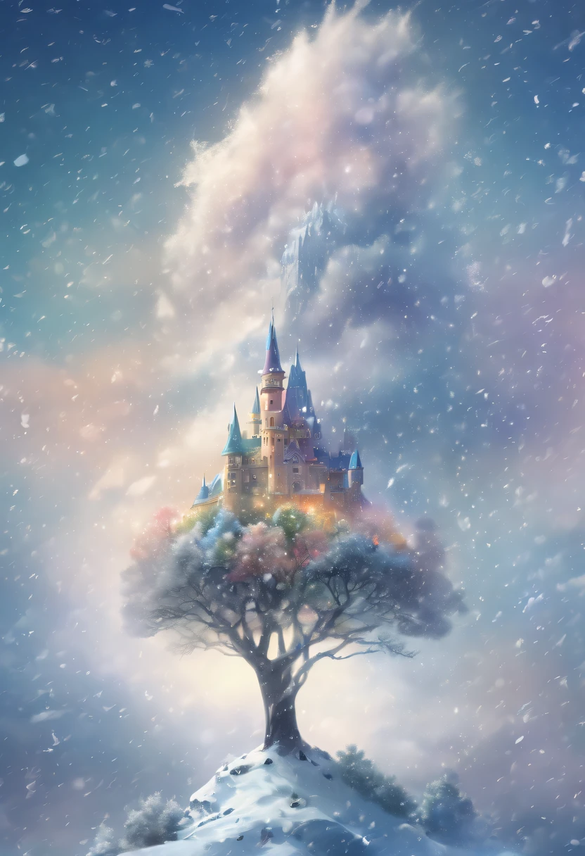 The princess's face appears in the air,(multiple exposure:1.8),winter landscape,Surreal wonderland,Dreamy cloud and fairy island,(Big snowflakes:1.3),Colorful big snowflakes are flying,A princess'The palace is covered with snow,The tree of life blooms with endless vitality,Twinkling stars in the night sky,Overlapping clouds and fog,Whimsical fantasy landscape art, Beautiful Art Ultra HD 8K, 8K highly detailed digital art, beautiful detailed fantasy, epic dreamlike fantasy landscape, Mysterious and dreamy scenery, Magic fantasy is very detailed, magical scenery, Made up of big snowflakes and dreamy floating fairy islands, detailed fantasy digital art, 8K detailed digital art