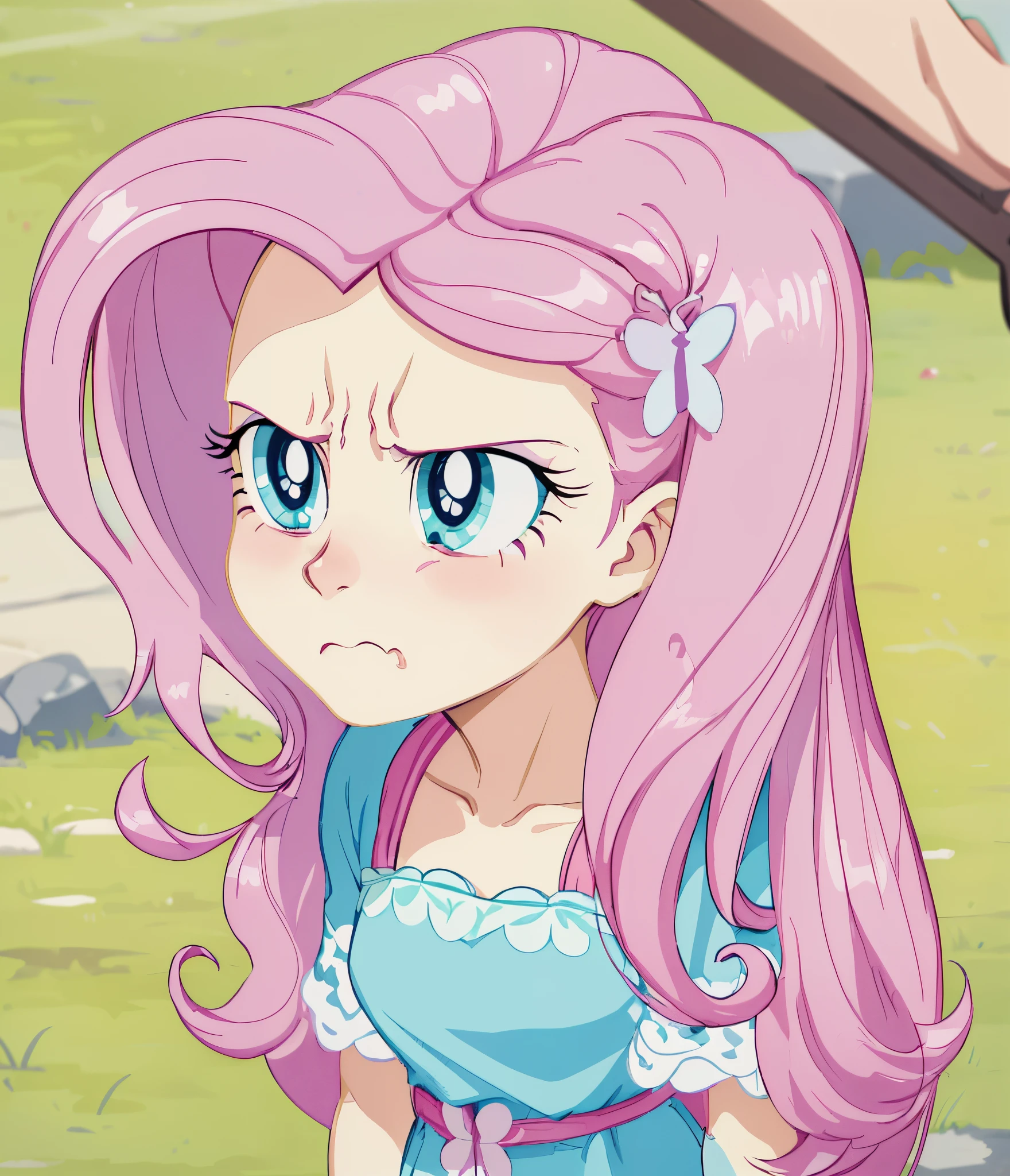 a close up of a cartoon girl with pink hair holding a brush, fim still, aesthetic cute with flutter, but a stern look about her, with a sad expression, sadness personified, pouting, equestria, looks sad and solemn, with no derpy face, her hair  in a pony tail, frowning, an indifferent face