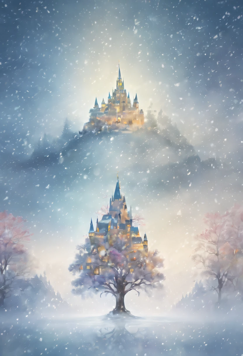 The princess&#39;s face appears in the air，(multiple exposure:1.8),winter landscape，Surreal wonderland，Dreamy cloud and fairy island，(Big snowflakes:1.3)，Colorful big snowflakes are flying，A princess&#39;The palace is covered with snow，The tree of life blooms with endless vitality，Twinkling stars in the night sky，Overlapping clouds and fog，Whimsical fantasy landscape art, Beautiful Art Ultra HD 8K, 8K highly detailed digital art, beautiful detailed fantasy, epic dreamlike fantasy landscape, Mysterious and dreamy scenery, Magic fantasy is very detailed, magical scenery, Made up of big snowflakes and dreamy floating fairy islands, detailed fantasy digital art, 8K detailed digital art