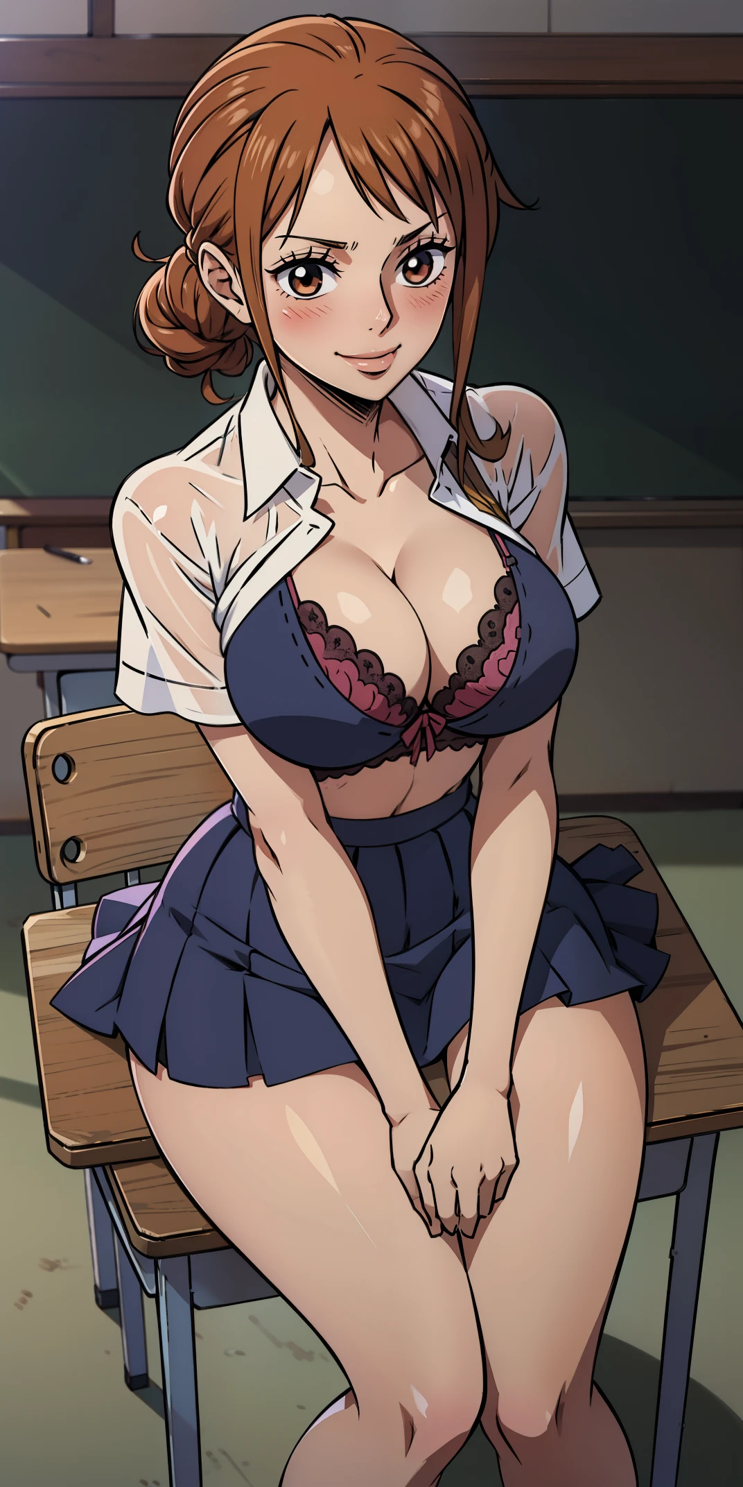 Anime style, Painting, absurderes、perfect anatomia、Nami , bra very、Bra visible from clothes、Braline、breastsout、Classroom、cleavage of the breast、鎖骨、desk、From above、medium breasts, on desk, pleatedskirt, School Desk, student clothes, see -through, The shirt, sitting on, Sitting on a desk, skirt by the, 独奏, thighs thighs thighs thighs, red blush, ssmile