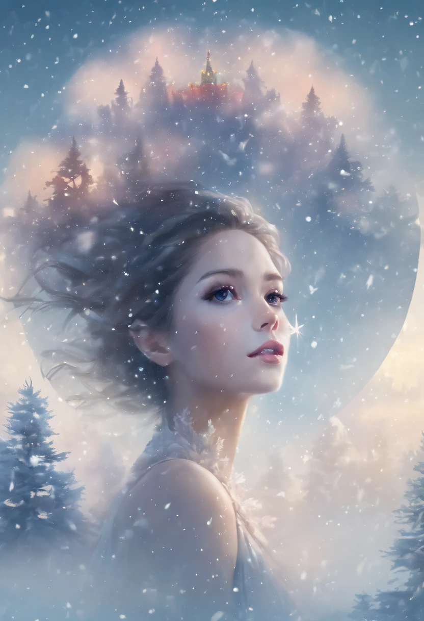 The princess's face appears in the air,(multiple exposure:1.8),winter landscape,Surreal wonderland,Dreamy cloud and fairy island,(Big snowflakes:1.3),Colorful big snowflakes are flying,A princess'The palace is covered with snow,The tree of life blooms with endless vitality,Twinkling stars in the night sky,Overlapping clouds and fog,Whimsical fantasy landscape art, Beautiful Art Ultra HD 8K, 8K highly detailed digital art, beautiful detailed fantasy, epic dreamlike fantasy landscape, Mysterious and dreamy scenery, Magic fantasy is very detailed, magical scenery, Made up of big snowflakes and dreamy floating fairy islands, detailed fantasy digital art, 8K detailed digital art