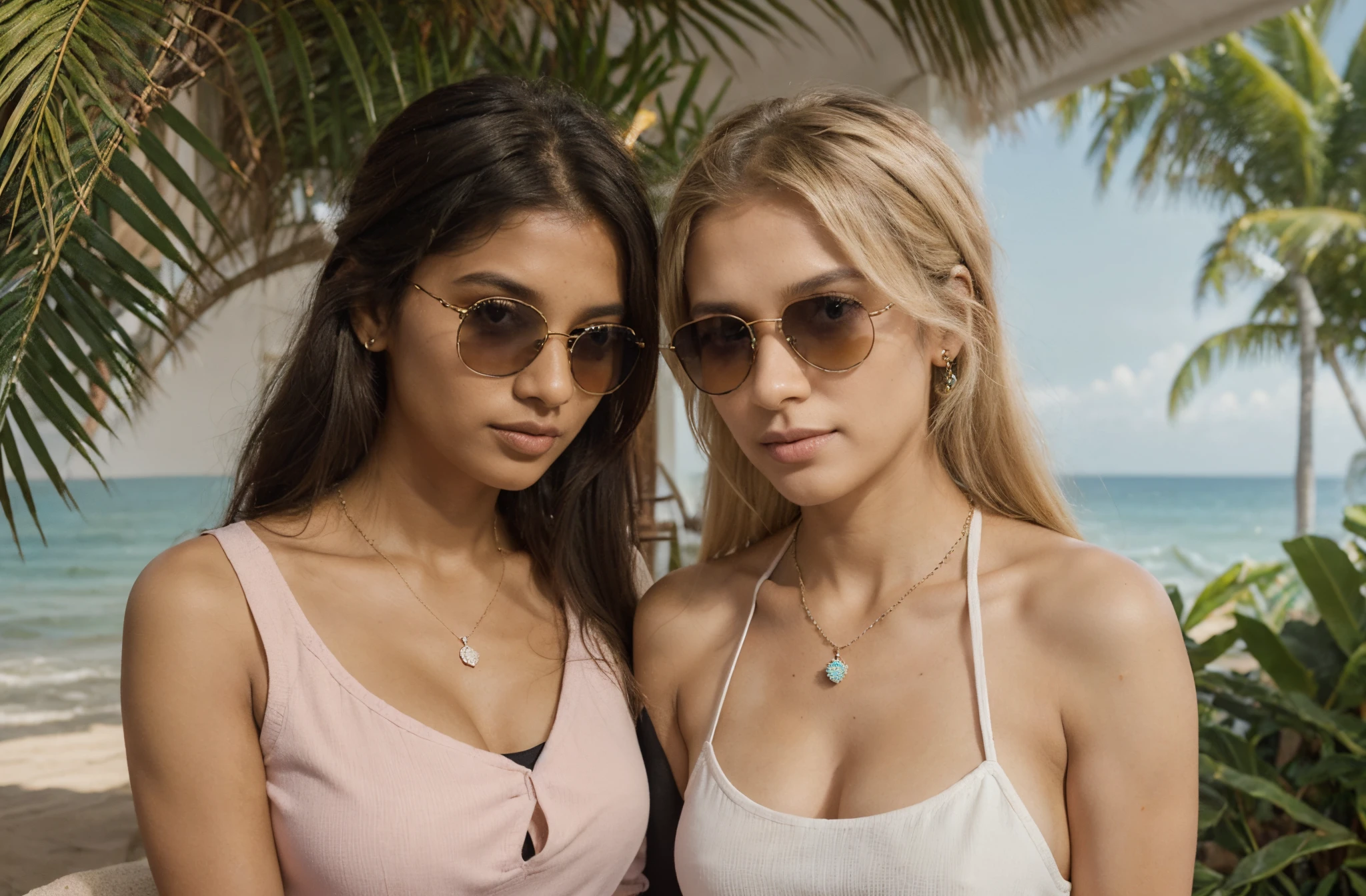 (Full portrait:1.4), 22-year-old dark Sri Lankan woman named Kasuni and, her pure white Canadian mother blonde named Celestia, ((detailed sunny outdoor beach background)), ((Celestia a 48-year-old white Canadian blonde woman)), ((Kasuni 22-year-old, solid black long ponytail hair, dark fair skin)), ultra-realistic photo, feminine feature (both have same facial componentoth of them wearing colorful soft beach skirts, beach tops, headbands, sunglasses, beach jewelry, flip-flops)), natural lighting.