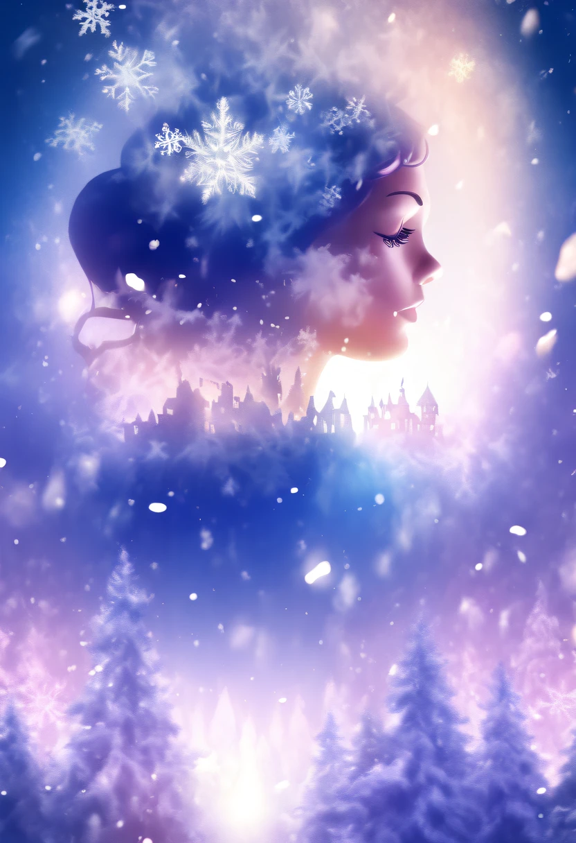 The princess's face appears in the air,(multiple exposure:1.8),winter landscape,Surreal wonderland,Dreamy cloud and fairy island,(Big snowflakes:1.3),Colorful big snowflakes are flying,A princess'The palace is covered with snow,The tree of life blooms with endless vitality,Twinkling stars in the night sky,Overlapping clouds and fog,Whimsical fantasy landscape art, Beautiful Art Ultra HD 8K, 8K highly detailed digital art, beautiful detailed fantasy, epic dreamlike fantasy landscape, Mysterious and dreamy scenery, Magic fantasy is very detailed, magical scenery, Made up of big snowflakes and dreamy floating fairy islands, detailed fantasy digital art, 8K detailed digital art
