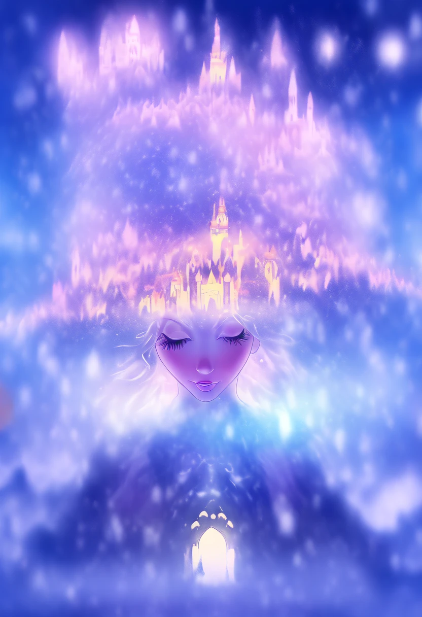 The princess&#39;s face appears in the air，(multiple exposure:1.8),winter landscape，Surreal wonderland，Dreamy cloud and fairy island，(Big snowflakes:1.3)，Colorful big snowflakes are flying，A princess&#39;The palace is covered with snow，The tree of life blooms with endless vitality，Twinkling stars in the night sky，Overlapping clouds and fog，Whimsical fantasy landscape art, Beautiful Art Ultra HD 8K, 8K highly detailed digital art, beautiful detailed fantasy, epic dreamlike fantasy landscape, Mysterious and dreamy scenery, Magic fantasy is very detailed, magical scenery, Made up of big snowflakes and dreamy floating fairy islands, detailed fantasy digital art, 8K detailed digital art