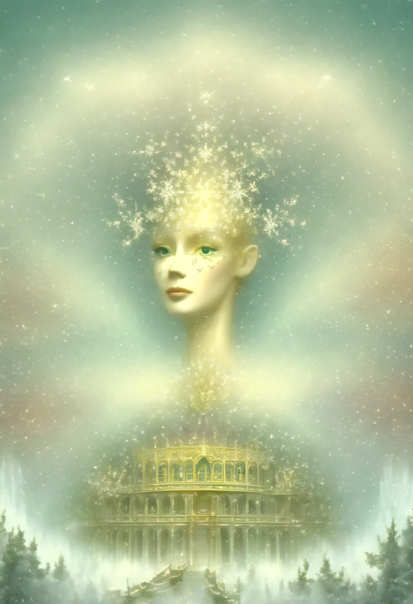 The princess's face appears in the air,(multiple exposure:1.8),winter landscape,Surreal wonderland,Dreamy cloud and fairy island,(Big snowflakes:1.3),Colorful big snowflakes are flying,A princess'The palace is covered with snow,The tree of life blooms with endless vitality,Twinkling stars in the night sky,Overlapping clouds and fog,Whimsical fantasy landscape art, Beautiful Art Ultra HD 8K, 8K highly detailed digital art, beautiful detailed fantasy, epic dreamlike fantasy landscape, Mysterious and dreamy scenery, Magic fantasy is very detailed, magical scenery, Made up of big snowflakes and dreamy floating fairy islands, detailed fantasy digital art, 8K detailed digital art