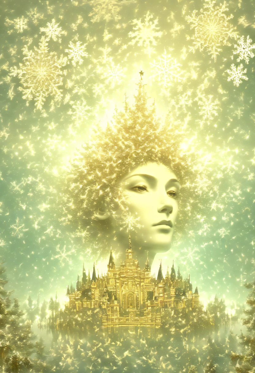 The princess's face appears in the air,(multiple exposure:1.8),winter landscape,Surreal wonderland,Dreamy cloud and fairy island,(Big snowflakes:1.3),Colorful big snowflakes are flying,A princess'The palace is covered with snow,The tree of life blooms with endless vitality,Twinkling stars in the night sky,Overlapping clouds and fog,Whimsical fantasy landscape art, Beautiful Art Ultra HD 8K, 8K highly detailed digital art, beautiful detailed fantasy, epic dreamlike fantasy landscape, Mysterious and dreamy scenery, Magic fantasy is very detailed, magical scenery, Made up of big snowflakes and dreamy floating fairy islands, detailed fantasy digital art, 8K detailed digital art