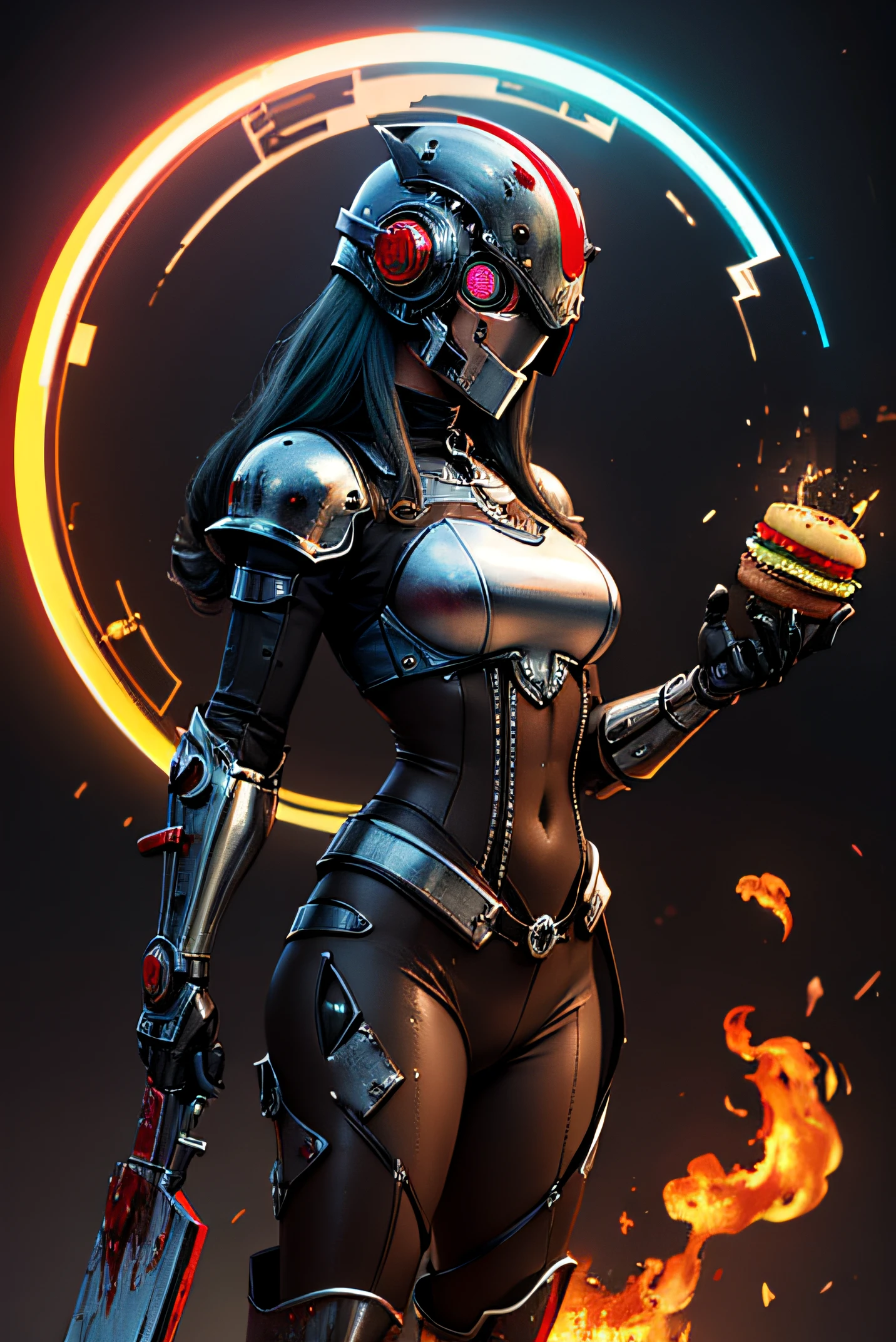pixel sorted，(Anthropomorphic hamburgers：1.5) Role-play superheroering a helmet，(Blood Art:1.2)，Bloodstained battle flagechanize the body，Robotic arm，Mechanical parts are damaged，steampunc，Hamburger on black background，Metal polished bone coating,Various weapons surround the hamburger，Form different structurereath-taking rendering, Magical rainbow elements,Splendid round rainbow combination，circular composition，Solo