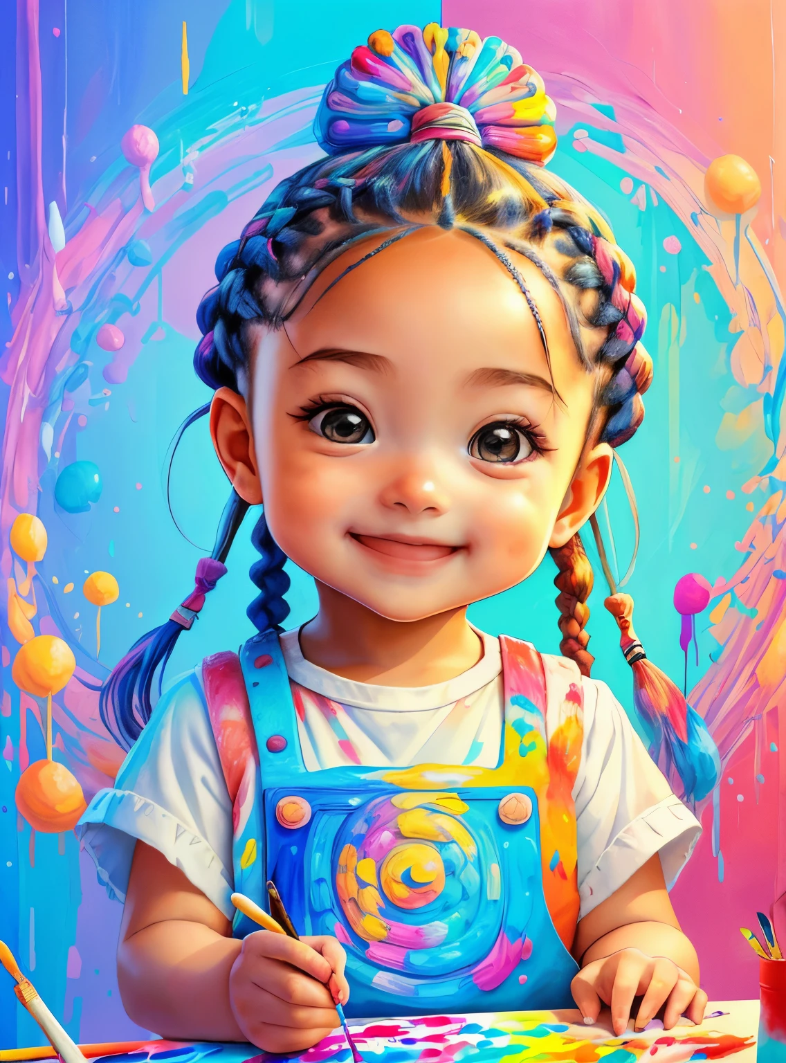(cute baby girl with braids smiling with paintbrush painting) Munchkin,Geometric multidimensional wall portrait, livro de arte, Tchibi,
Yang08k, Beautiful, Colouring,
Obras, of the highest quality, best quality, Arte Oficial, Beautiful and Aesthetic,