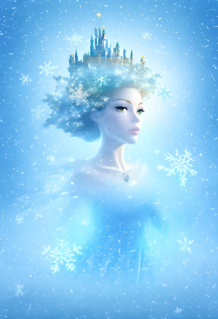 The princess's face appears in the air,(multiple exposure:1.8),winter landscape,Surreal wonderland,Dreamy cloud and fairy island,(Big snowflakes:1.3),Colorful big snowflakes are flying,A princess'The palace is covered with snow,The tree of life blooms with endless vitality,Twinkling stars in the night sky,Overlapping clouds and fog,Whimsical fantasy landscape art, Beautiful Art Ultra HD 8K, 8K highly detailed digital art, beautiful detailed fantasy, epic dreamlike fantasy landscape, Mysterious and dreamy scenery, Magic fantasy is very detailed, magical scenery, Made up of big snowflakes and dreamy floating fairy islands, detailed fantasy digital art, 8K detailed digital art