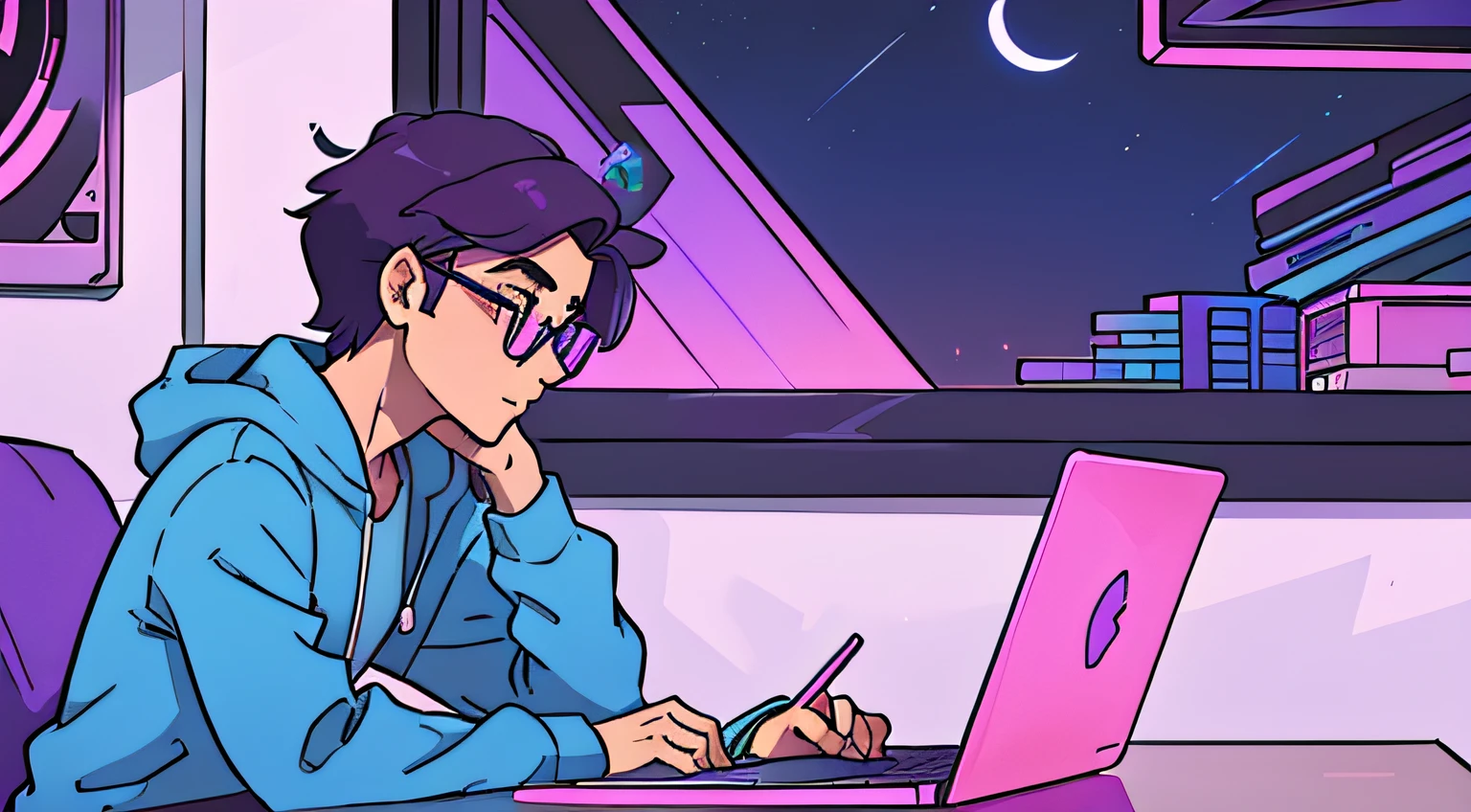 a boy wearing glases, studying at his laptop, profile view, a beautiful perfect face, near the window, at night , blue and purple and bright pinks, synthwave colors, retro, old cartoons anime colors.
