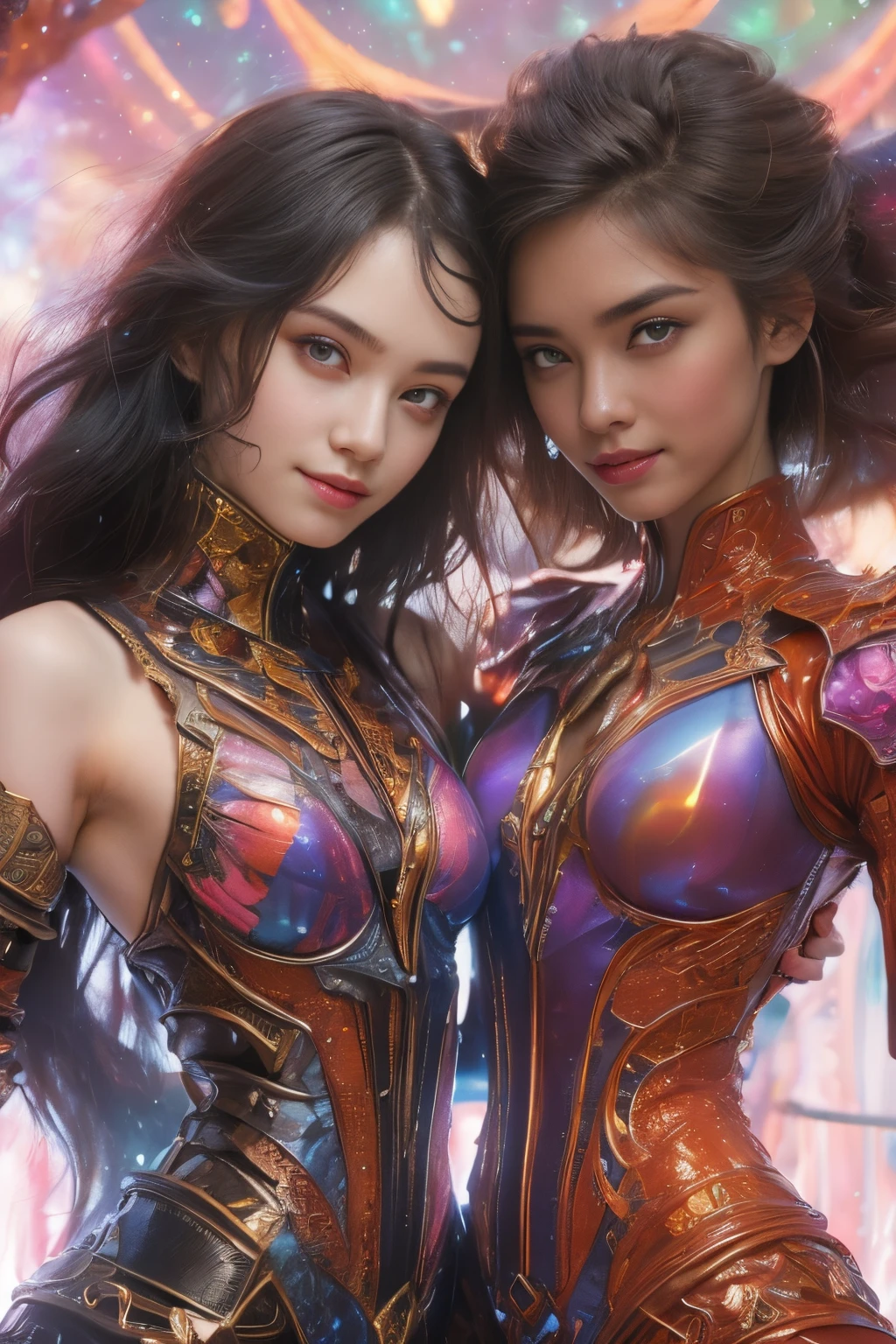 (Two beautiful teenage italian girls:1.6), Close friends, (They are hugging each other:1.2), Kiss her cheek or chest,(Detailed iridescent bodysuit with beautiful fractal or marble design:1.5), Incredible and spectacular scenes, ((High quality)), ((Detailed)), ((Fantasy)), Blue Plasma Brain, Green Plasma Body, Showing her armpits, beutiful breast,  obscenity, (Lewd smile:1.2), coarse, Obscene, mean, (raunchy:1.2), (Immoral:1.2), Lachish, (small breasts with beautiful raised pink areolas,:1.5), (Cameltoe), (Expression of ecstasy:1.2), Photorealistic, Official art, Unity 8K Wall , 8K Portrait, Best Quality, Very high resolution, (Incredibly beautiful nature background:1.6), (18 years old:1.5), (Sexy and glamorous:1.1), (A coquettish expression:1.6), (seductively smiling:1.6),  (erotic posing:1.9), (Model Posing:1.8), Beautiful seductive face, Portrait, (Thick eyebrows:1.4), (Big scarlet eyes:1.6), Beautiful eyes with fine symmetry, (Ultra detailed eyes:1.4),(Highly detailed face and eyes:1.7), (High-resolution red-eye:1.8), Intimate face, (ultra detailed skin texture:1.4), White skin, pale skin, Perfect Anatomy, Thin, (Beautiful toned body:1.5), Highly detailed hair,  (Moist skin:1.2), No makeup, (dark circles:1.1), Good anatomy, Focus Face, good-looking, (Emilia Clark:0.6) (Emma watson:0.3),(Jennifer Connelly:0.4),  Elegant face, Nice,  (A delicately crafted necklace is wrapped around her neck.), (Bioluminescence with brilliant brilliance:1.4), (Luminous magic circle:1.5), Ruins of an ancient castle, Shining majestic cloud masses and sky, lightning bolt, Epic Realistic, (Greg Rutkowski:0.8), (teal and orange:0.4), (Art Station:1.5), Cinematic, (NSFW:1.2),  Hyper Detailed, Dramatic light, (Intricate details:1.1), Beautiful black hair,　(Wearing a gauntlet with a dense and very beautiful design decorated with jewels:1.1), Small chest, Galaxy, (nebulas:1.6), The Dark Knight, Fully armored body focus