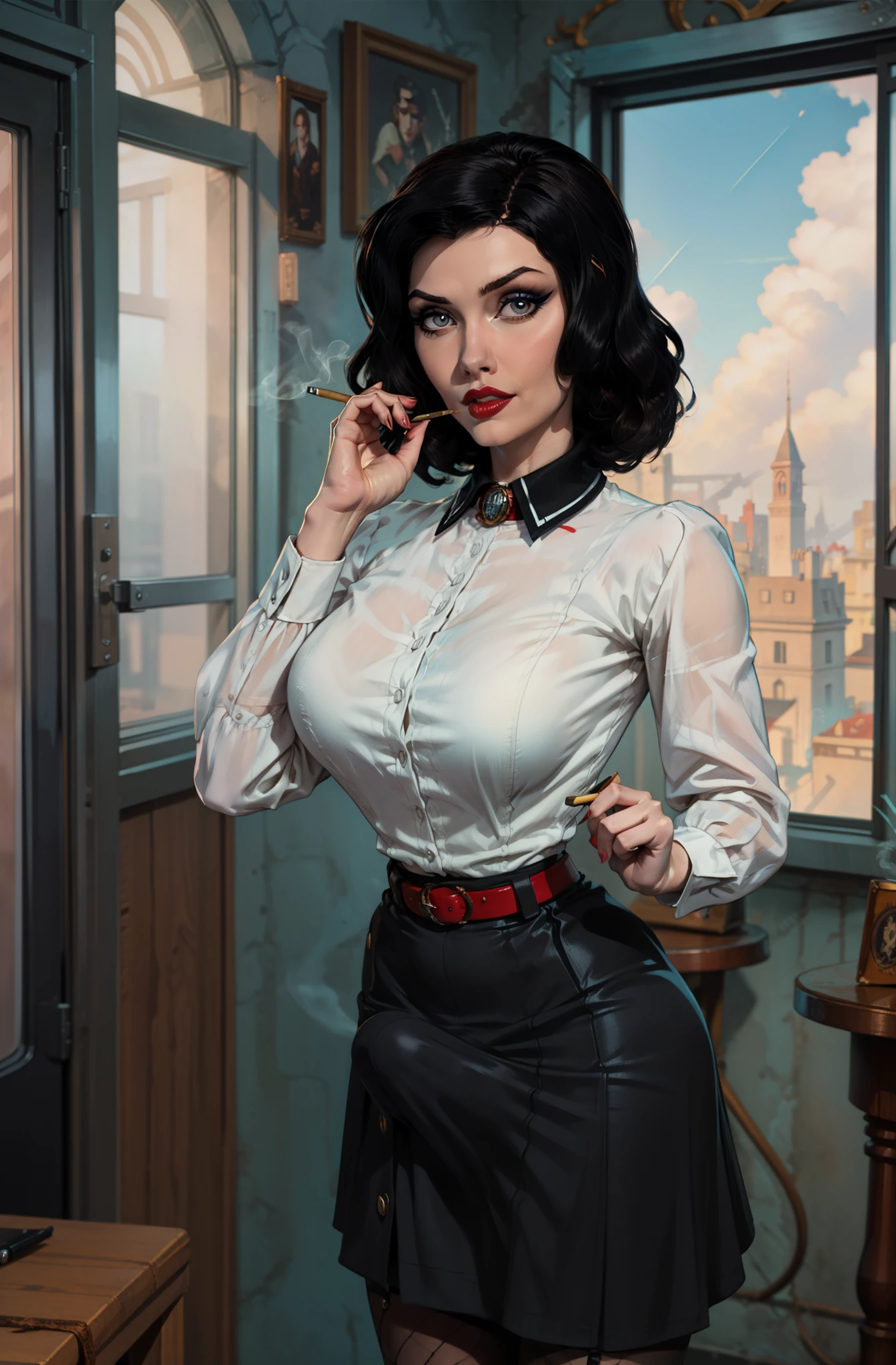 ( there is a woman holding a cigarette in her hand ),( Elizabeth from Burial at Sea ) (realistic:1.5), (fully dressed), ((female in 1950 hair short hair style a white long-sleeved blouse, her bird cameo, a black knee-length tight fitted skirt with a red belt, fishnet stockings and black heels with an ankle strap. Her hairstyle is brushed out pin curls and she wears make-up. )), (long black skirt:1.2) (white shirt:1.2) (masterpiece), (specular lighting:1.3), (hyperrealistic:1.2), (photorealistic face:1.2), (perfect face), (perfect eyeest quality), (there is a woman holding a cigarette in her hand, elizabeth from bioshock Burial at Sea, dramatic smoking pose, epic and classy portrait, beautiful , with smoke, cigarette, bioshock steampunk portrait ), (4k), sharp focus, octane render, best quality, extremely detailed, intricate, fantasy, soft lighting, (curvy:1.3), ( big eyes :1.3), (futanari:1.2), thick eyelashes, long eyelashes, ( slim ), smile, ((1950:1.5)), ( red lips, long eyelashes, mascara, eyeliner, eyeshadow, makeupt:1.3), cosy, looking at viewer, detailed skin , zfuta futanari, (bulge:1.5)