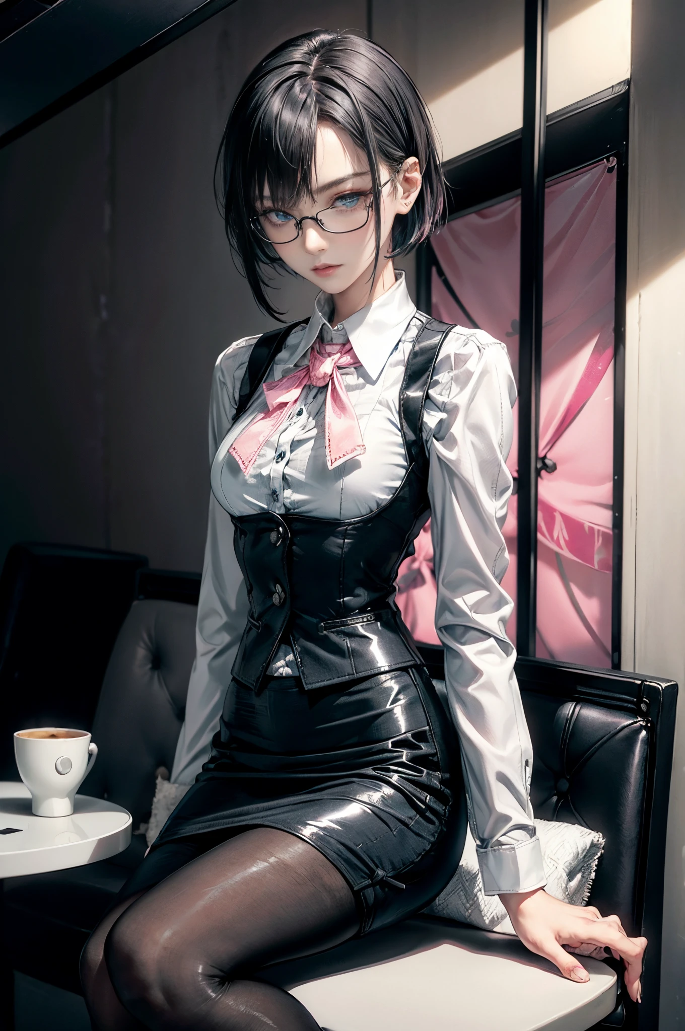 Cinematic lighting、highlydetailed skin、masutepiece,1girl in, Best Quality,cyberpunked,(Alternative、dim colors, Soothing tones:1.3),(Beautuful Women、Detailed beautiful facial features、Short black hair、blue eyess、eye glass、slenderbody:1.3)Short black hair and intellectual glasses（eye glass:1.5）（Smile kindly:1.2）
BREAK (white and gray theme:1.3), (wearing in [[white and gray check pattern]] Vest worn over white collared long-sleeved shirt:1.4), (gray vest with buttons:1.2),
BREAK (Pink Theme:1.2), (pink ribbon bow:1.3),
BREAK (Black theme:1.4), (Tight black pencil skirt:1.5), (pantyhose:1.3), (high-heels:1.1),（Short black hair:1.5）

（sit a chair）toast and coffee are on the table（morning、Inside a cafe with a view of the city、Eating breakfast）