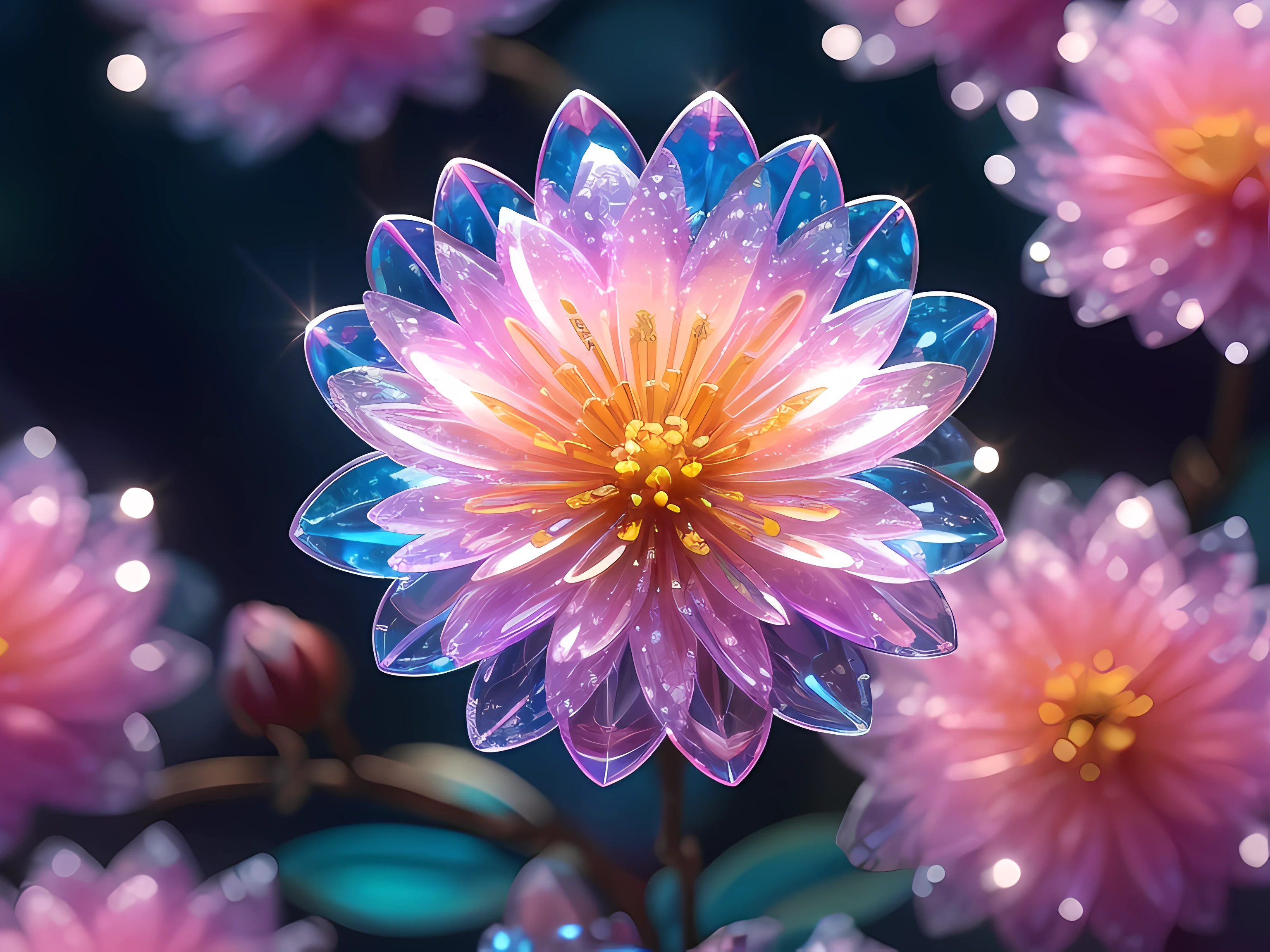 Crystal spring flower, Fantastical, galaxias, cleanness, Sparkling, Sparkling, splendor, Colorful, amazing cinematography, dramatic lights, Photographic realism, ultra - detailed, 4K, depth of fields, A high resolution