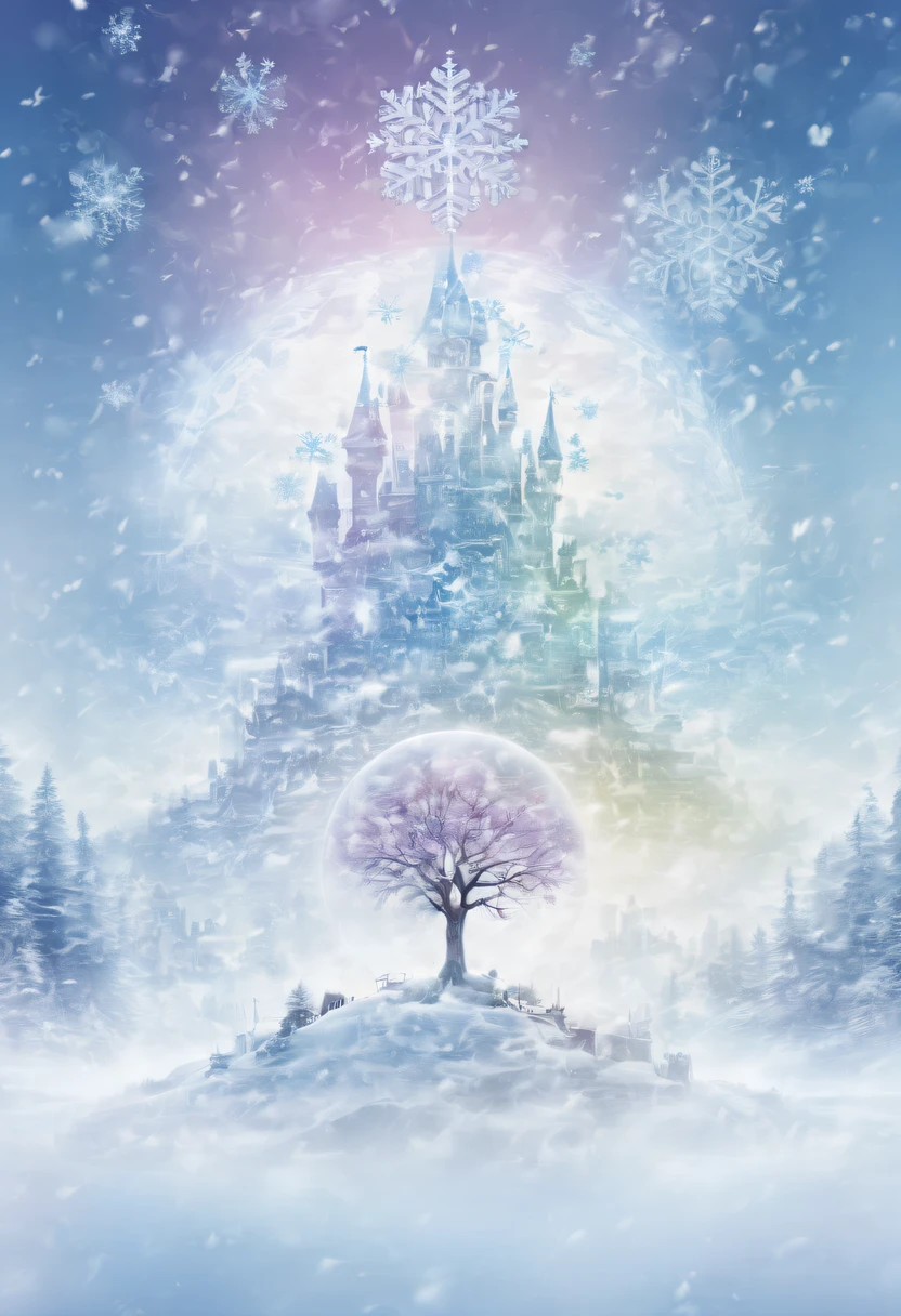 The princess's face appears in the air,(multiple exposure:1.8),winter landscape,Surreal wonderland,Dreamy cloud and fairy island,(Big snowflakes:1.3),Colorful big snowflakes are flying,A princess'The palace is covered with snow,The tree of life blooms with endless vitality,Twinkling stars in the night sky,Overlapping clouds and fog,Whimsical fantasy landscape art, Beautiful Art Ultra HD 8K, 8K highly detailed digital art, beautiful detailed fantasy, epic dreamlike fantasy landscape, Mysterious and dreamy scenery, Magic fantasy is very detailed, magical scenery, Made up of big snowflakes and dreamy floating fairy islands, detailed fantasy digital art, 8K detailed digital art