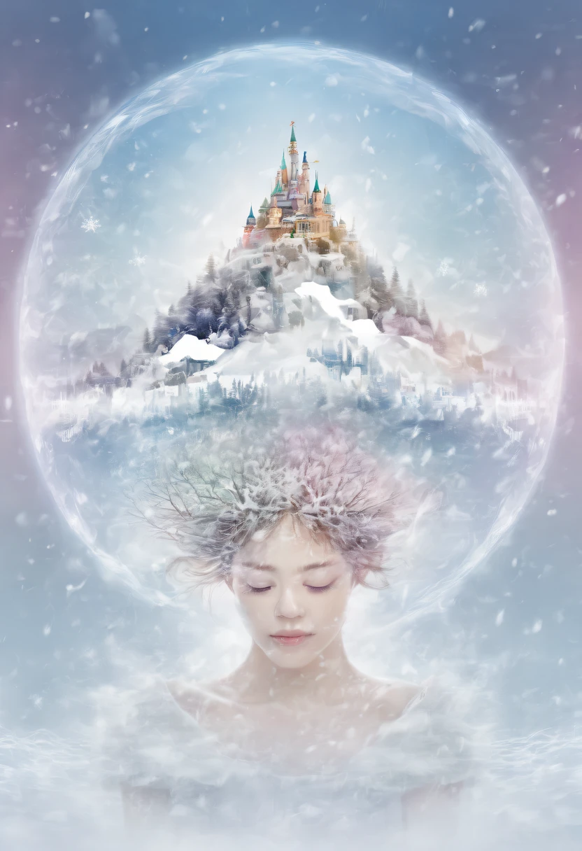 The princess&#39;s face appears in the air，(multiple exposure:1.8),winter landscape，Surreal wonderland，Dreamy cloud and fairy island，(Big snowflakes:1.3)，Colorful big snowflakes are flying，A princess&#39;The palace is covered with snow，The tree of life blooms with endless vitality，Twinkling stars in the night sky，Overlapping clouds and fog，Whimsical fantasy landscape art, Beautiful Art Ultra HD 8K, 8K highly detailed digital art, beautiful detailed fantasy, epic dreamlike fantasy landscape, Mysterious and dreamy scenery, Magic fantasy is very detailed, magical scenery, Made up of big snowflakes and dreamy floating fairy islands, detailed fantasy digital art, 8K detailed digital art