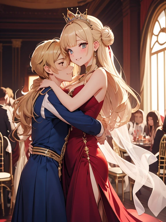 //Character 1girl, my intimate princess, slim and soft, medium large breast, ultra detailed face, innocent, round face, thin eyeblow, sparkly pupils, translucent skin, extra long hair, blonde hair, curly hair, side swept bangs with a bun, BREAK
//Fashion Her outfit is celebration of the anniversary, (it connsists rich red evening dress with black trim :1.2), gold tiara, full length skirt is fluffy and delicate pattern, chiffon veil, delicate high heel, luxury, glossy accessories,BREAK
//LOCATION
at a ballroom, BREAK
// behavior
dancing with a prince ,(the prince is noble and smart, wearing blue attire, luxury, crown on his head), hugging passionately, grinning, smiling full of compassion, (close up:1.2)