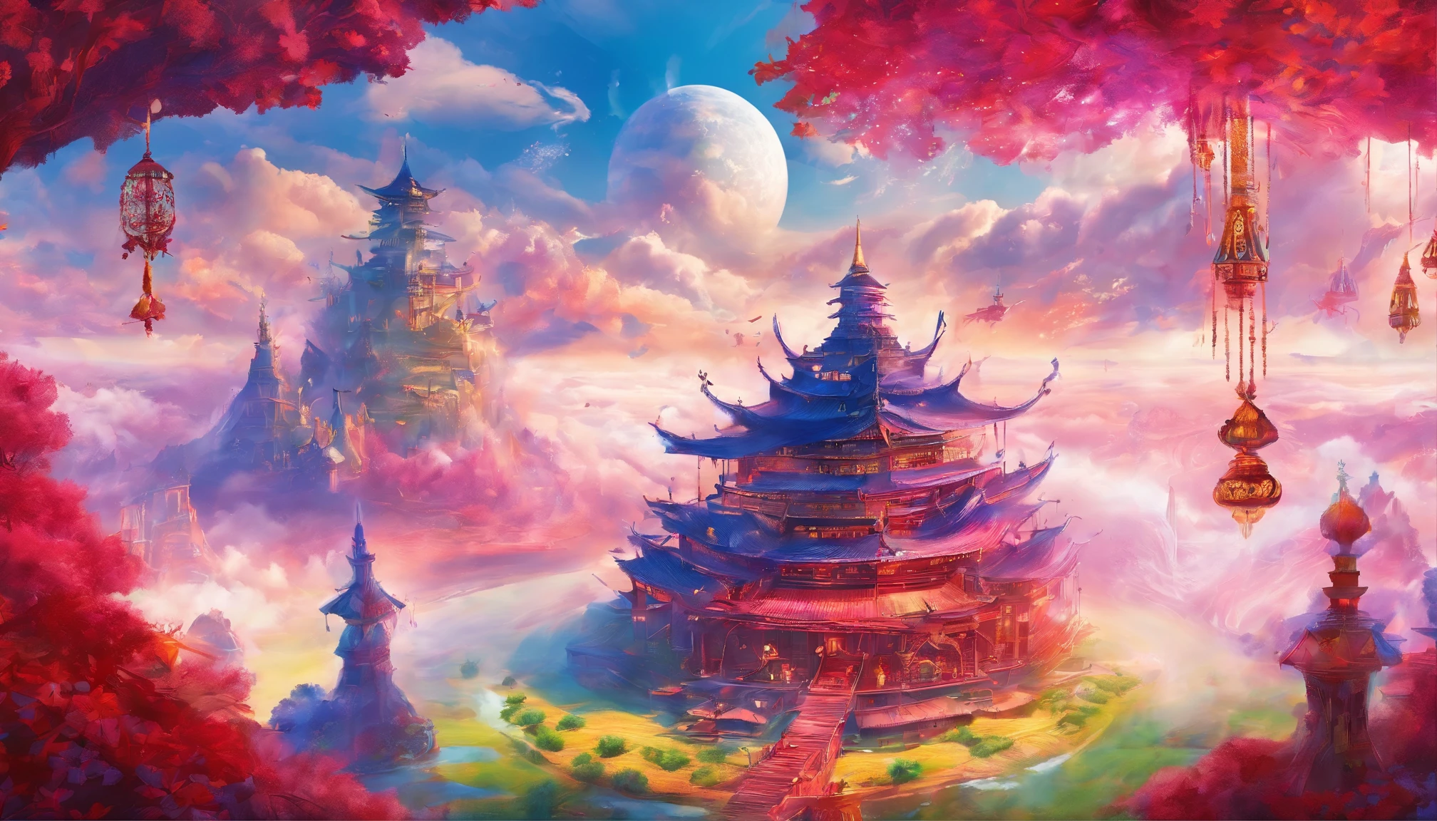 Ultra-wide angle of view,mid air,chineseidol,scenography, and snow world fantasy scene,yuki,Oyuki,Blizzard,snow cover,Colorful,Red Muti Wonderland,thin fog,The clouds are very elegant,floating island beast,