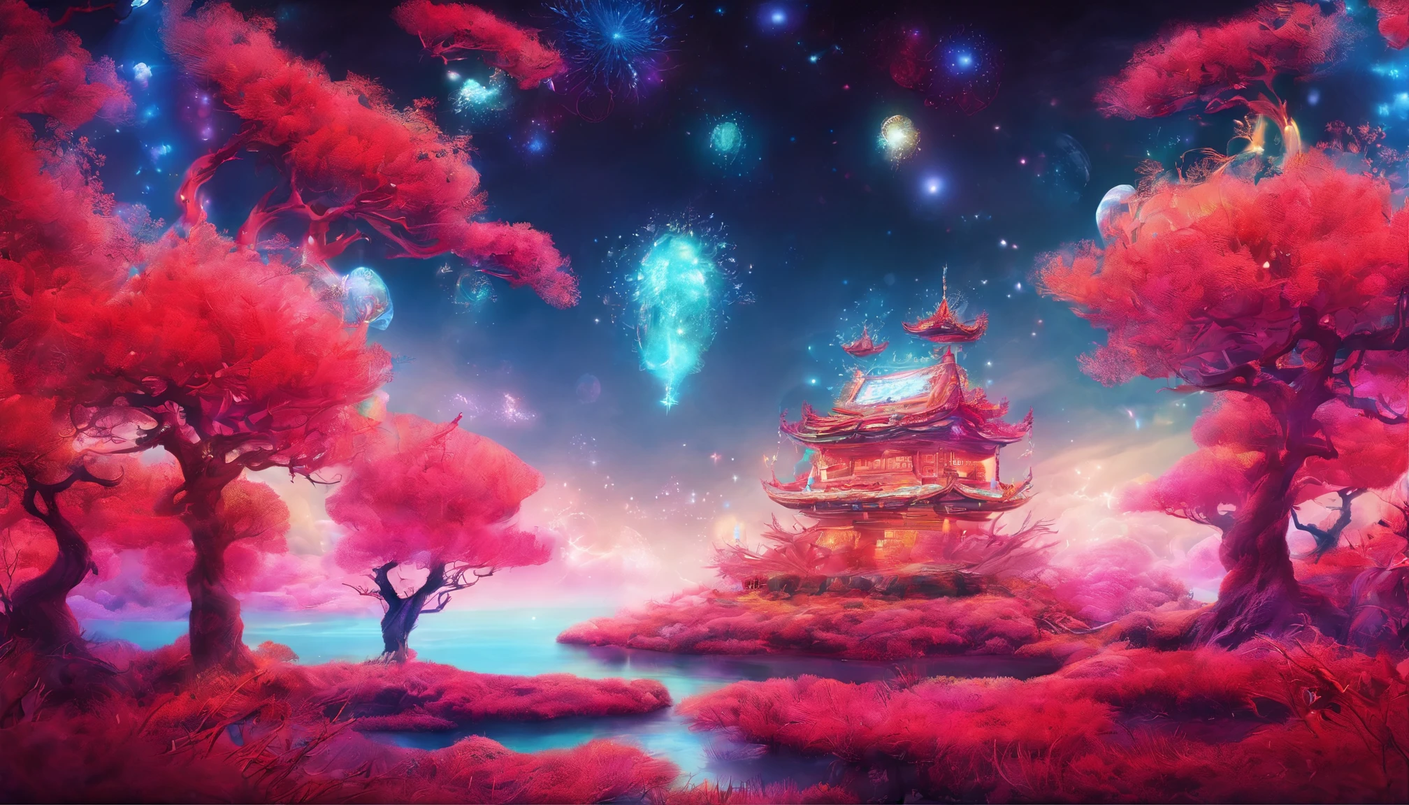 Ultra-wide angle of view，mid air，chineseidol，scenography， and snow world fantasy scene，yuki，Oyuki，Blizzard，snow cover，Colorful，Red Muti Wonderland，thin fog，The clouds are very elegant，floating island beast，
