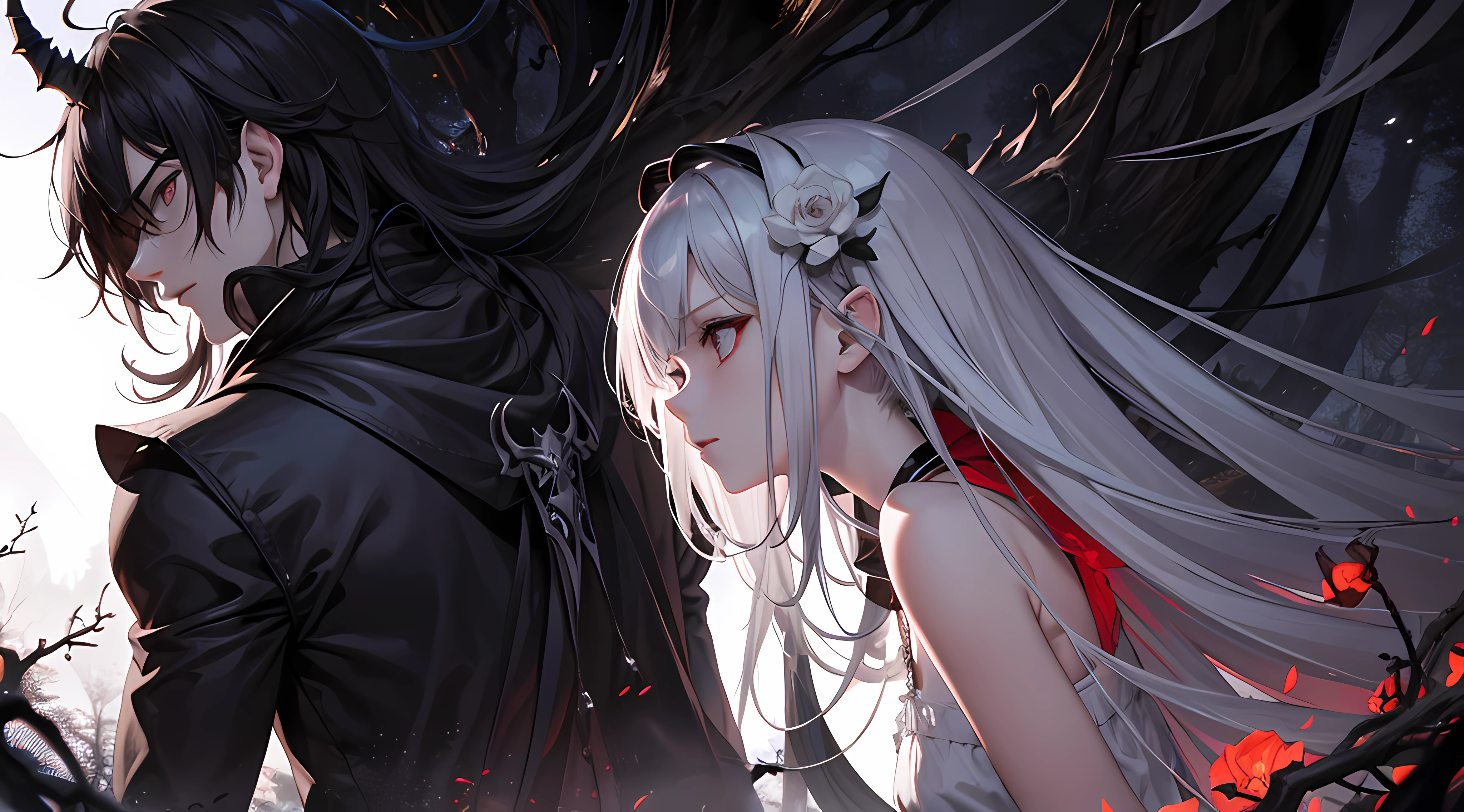 offcial art, Unity8k wallpaper, ultra - detailed, Beautiful and beautiful, high high quality, The beautiful, tmasterpiece, Best quality, (tangled, datura, tangled, wring:0.6), Black and white photo of man and girl in dark forest, (Male monster next to girl), glomy, Dark, limited palette, black long straight hair, garlic flower, goat skull, (Red, Black), (terror), (glomy), bloods, mistic, The demons