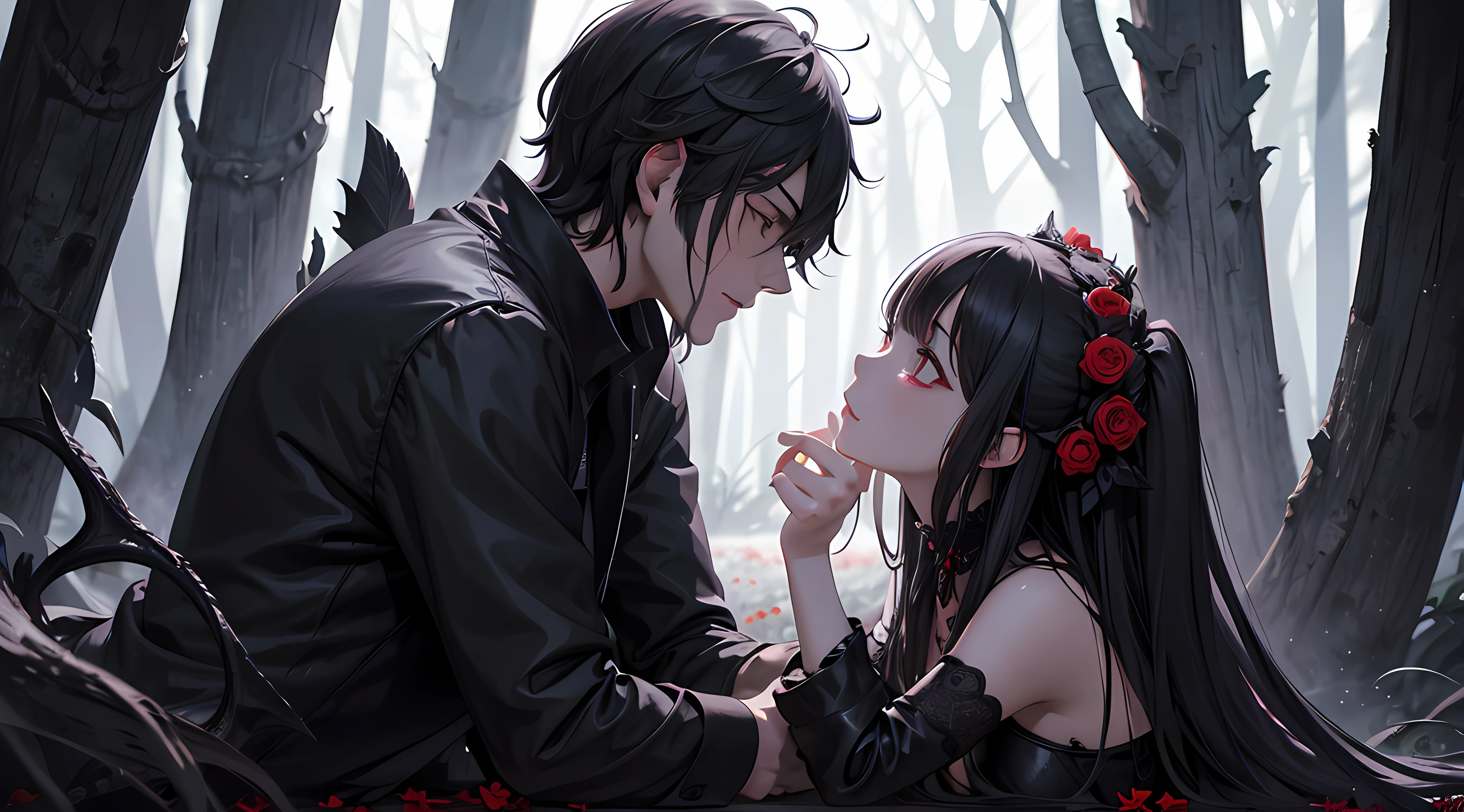 official art, Unity8k wallpaper, super detailed, beautiful and beautiful, high quality, beautiful, master piece, best quality, (tangled, datura, tangled, squeeze:0.6), black and white photo of man and girl in dark forest, (male monster next to girl), sullen, dark, limited pallete, black髪のロングストレートヘア, Garlic flowers, goat skull, (red, black), (terrorism), (sullen), Bloods, Mysterious, devil