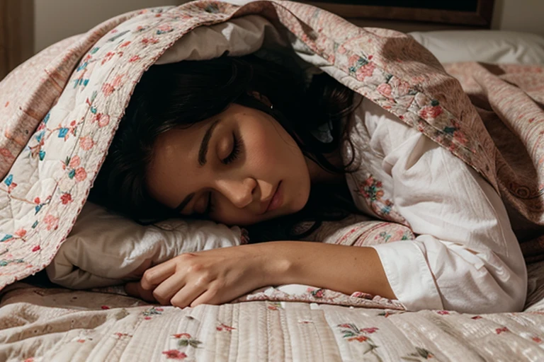 A beautiful lady sleeping in a quilt