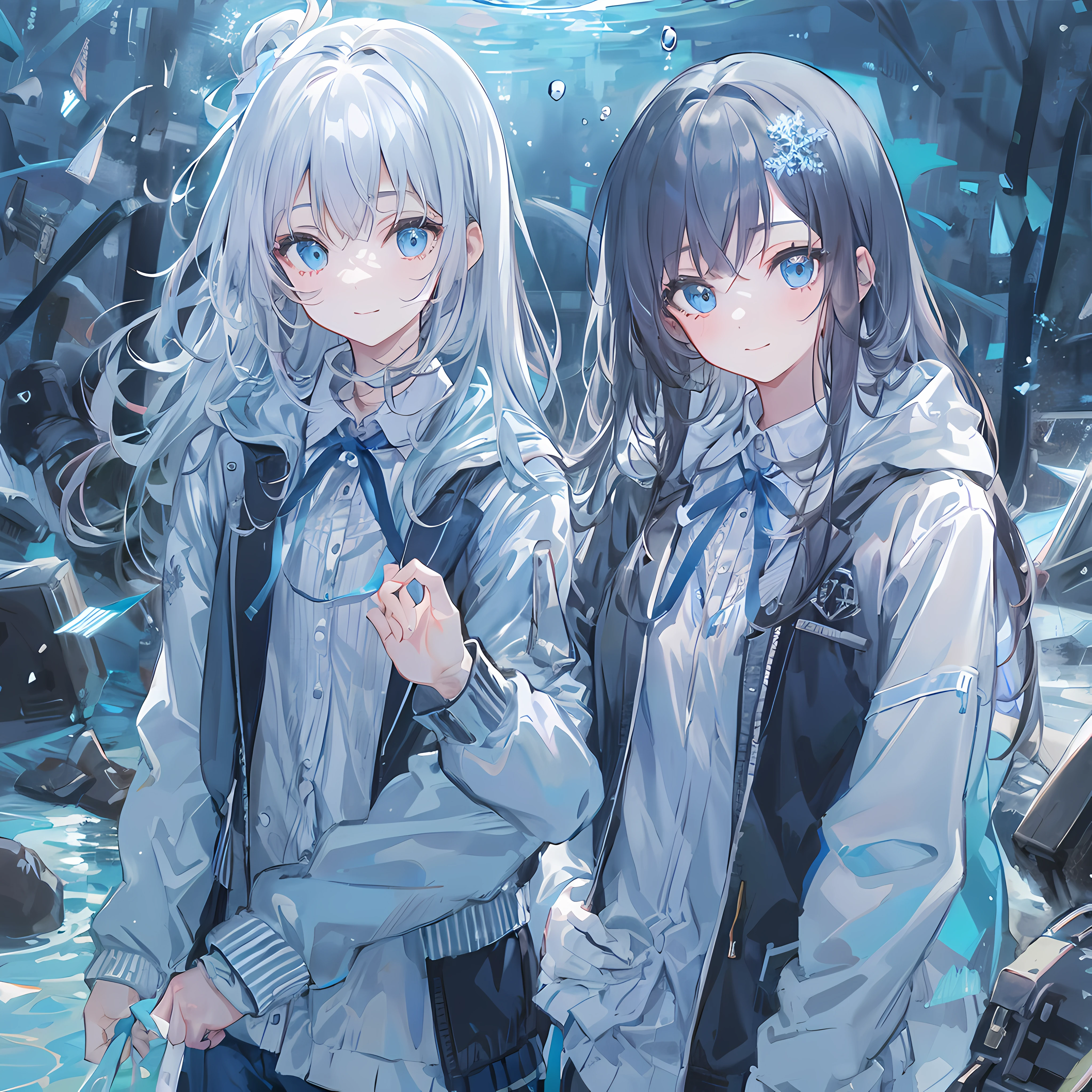 ((quality)), ((tmasterpiece)), ((ultra - detailed)), (Extremely Delicately Beautiful), girl vs., 独奏, Cold attitude,((Black jacket)),She is very(unwind)with  the(settle down)looks,A brunette one, depth of fields,energetic smile,airbubble, under the water, airbubble,bright light blue eyes,interior color，Bright gray hair，light blue hair tips,,,,,,,Cold background,Bob Hair - Linear Art, shorter pants、knee length socks、white like school uniform、Light blue ribbon tie、The clothes are transparent、Put your hands in your pockets，Right eye like sapphire,Blue shoulder straps, A small blue light drifts by、Upper Eye、Glass shards、snowflake eyes magical eyes
